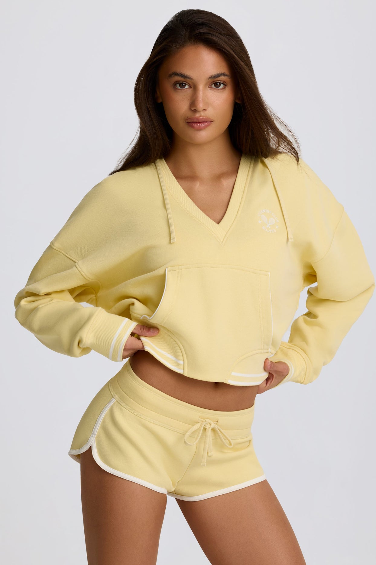 Cotton Jersey V-Neck Hoodie in Lemon - 4