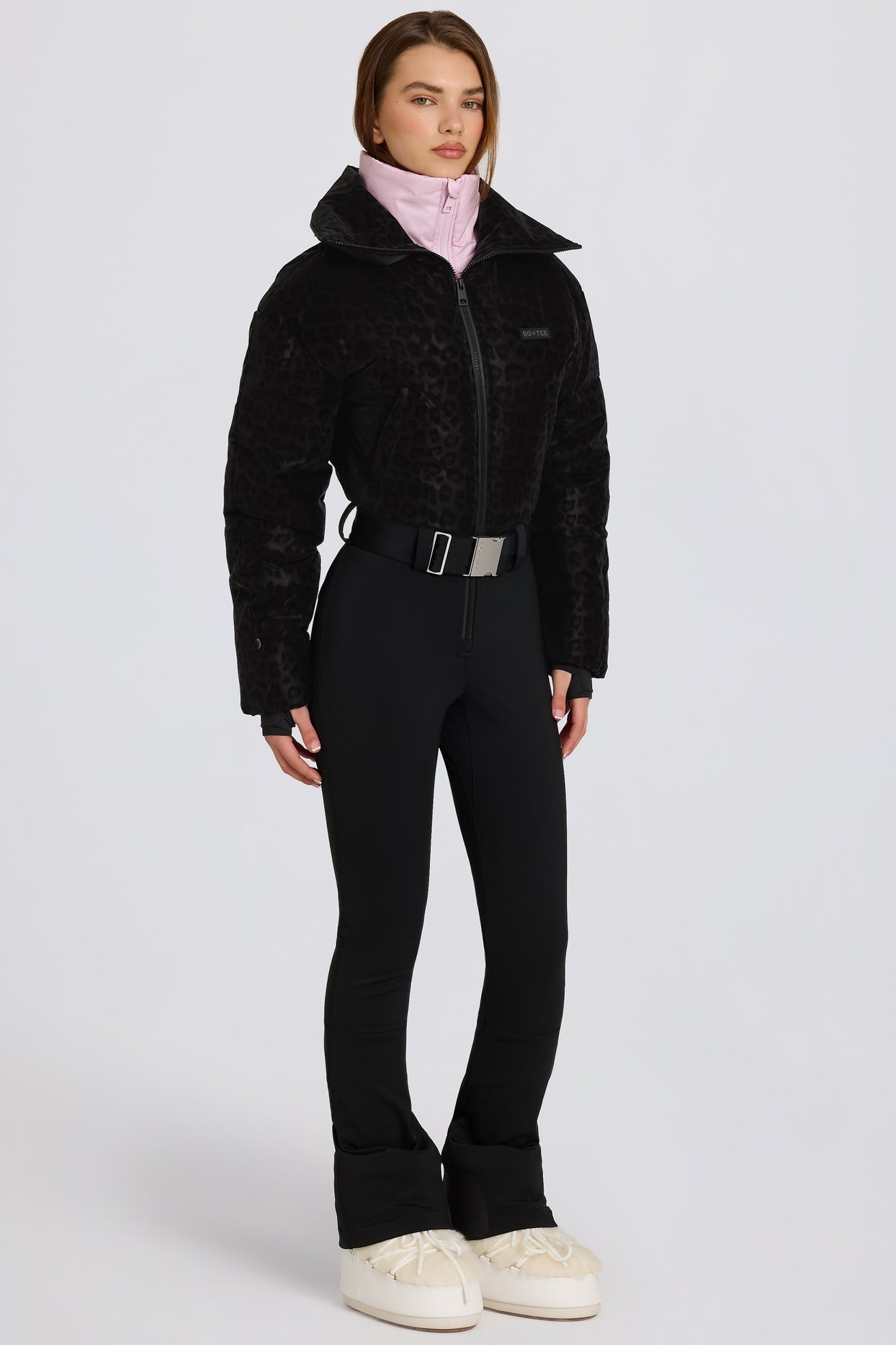 Waterproof Belted Layered Ski Suit in Black Leopard - 5