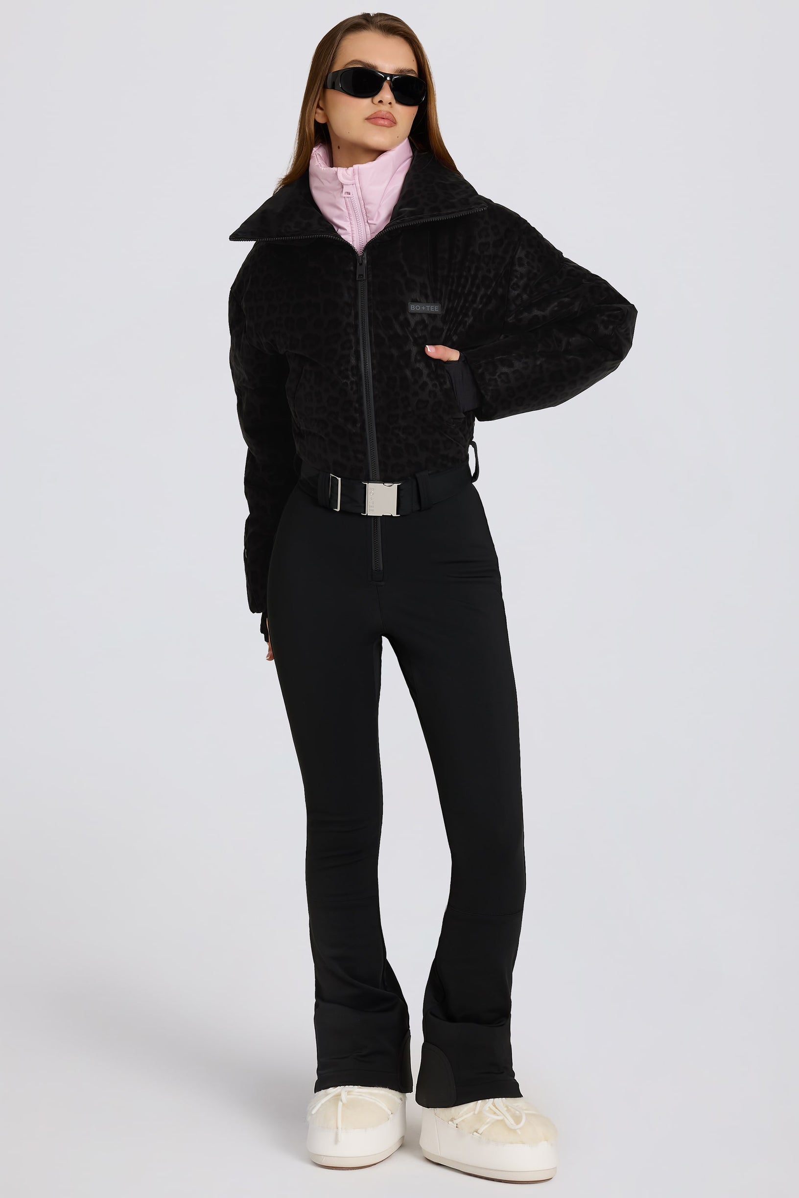 Waterproof Belted Layered Ski Suit in Black Leopard - 1
