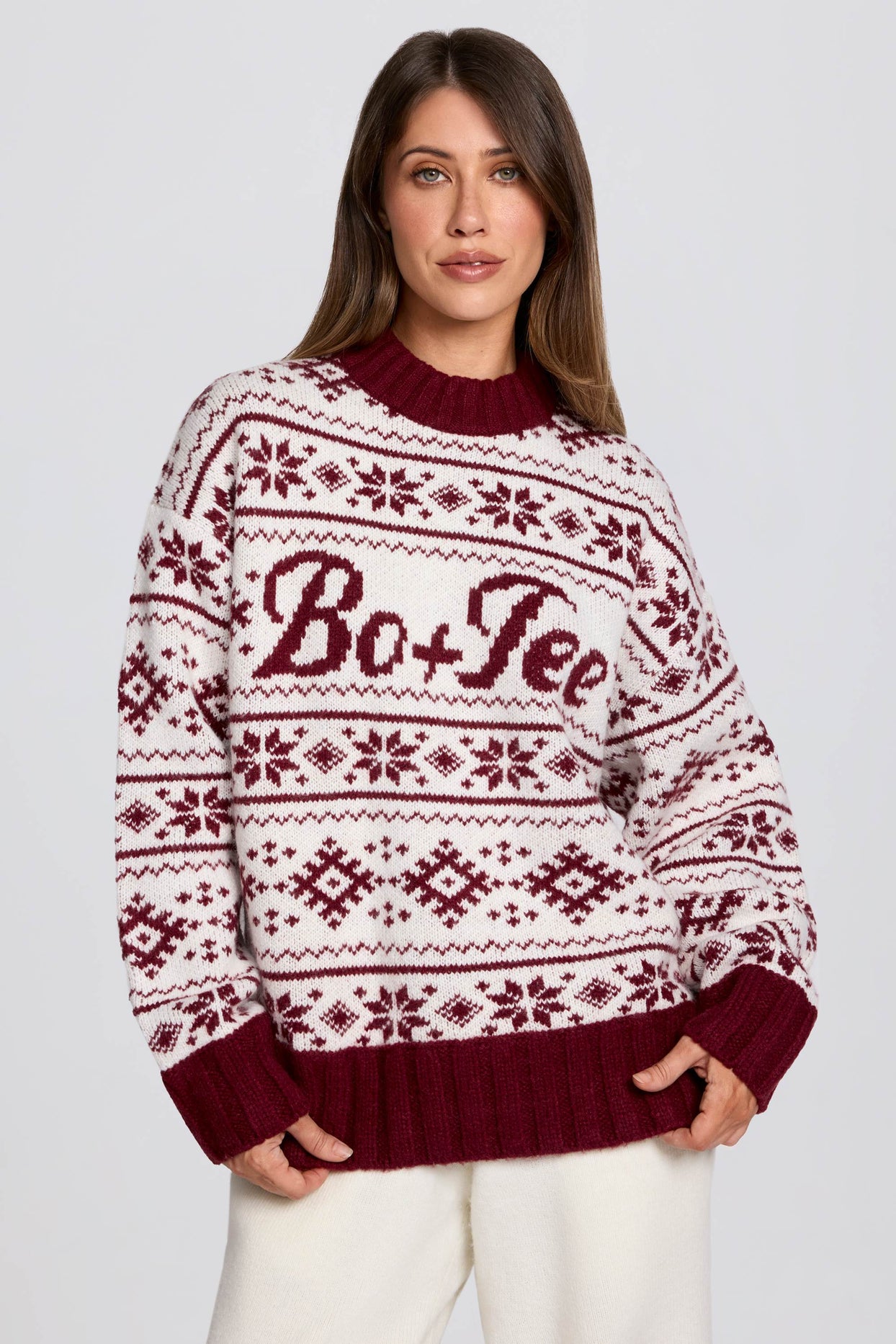 Jacquard-Knit Oversized Jumper in Crimson Red - 7
