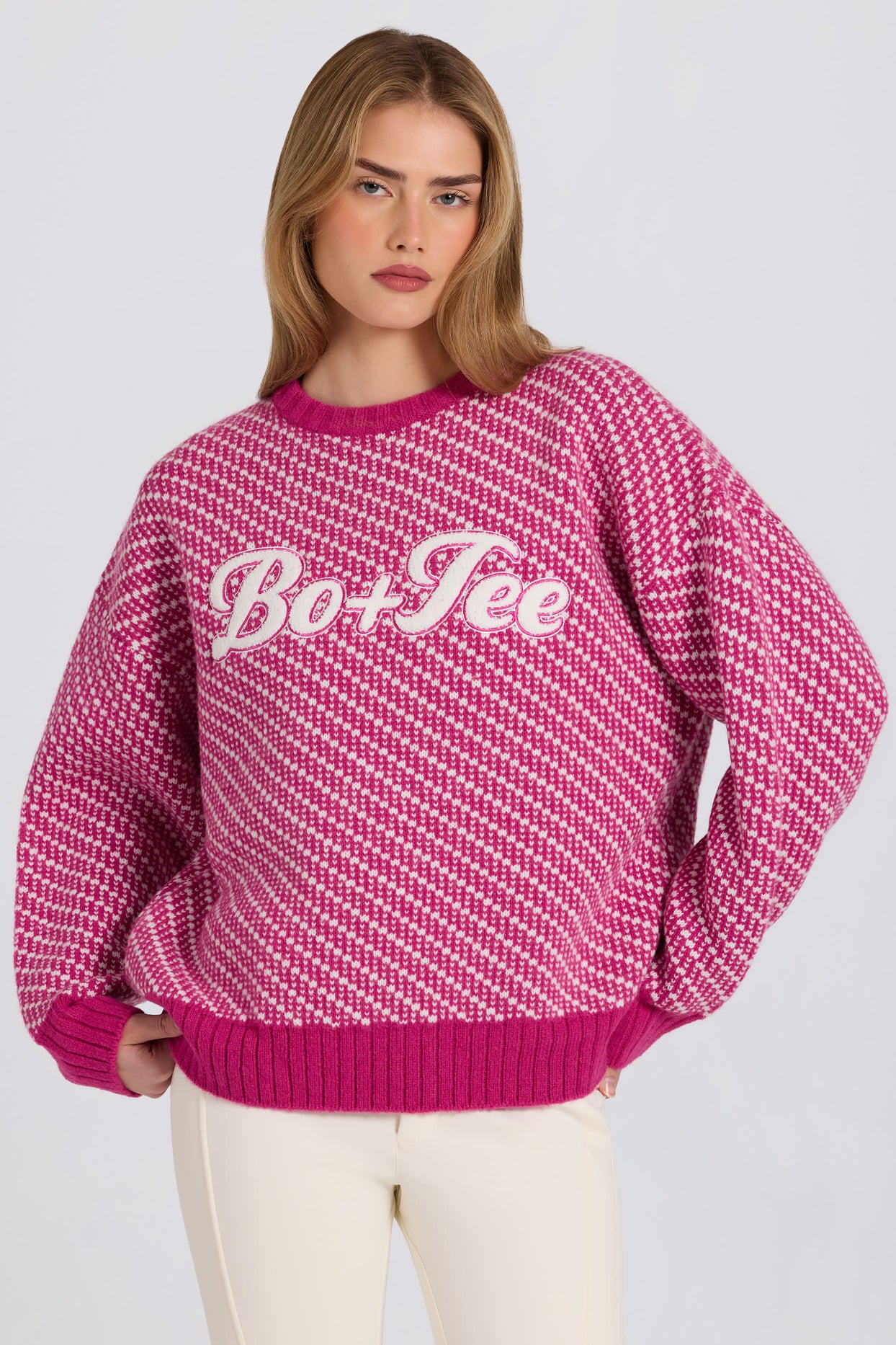 Knit Logo Oversized Jumper in Magenta Pink - 5