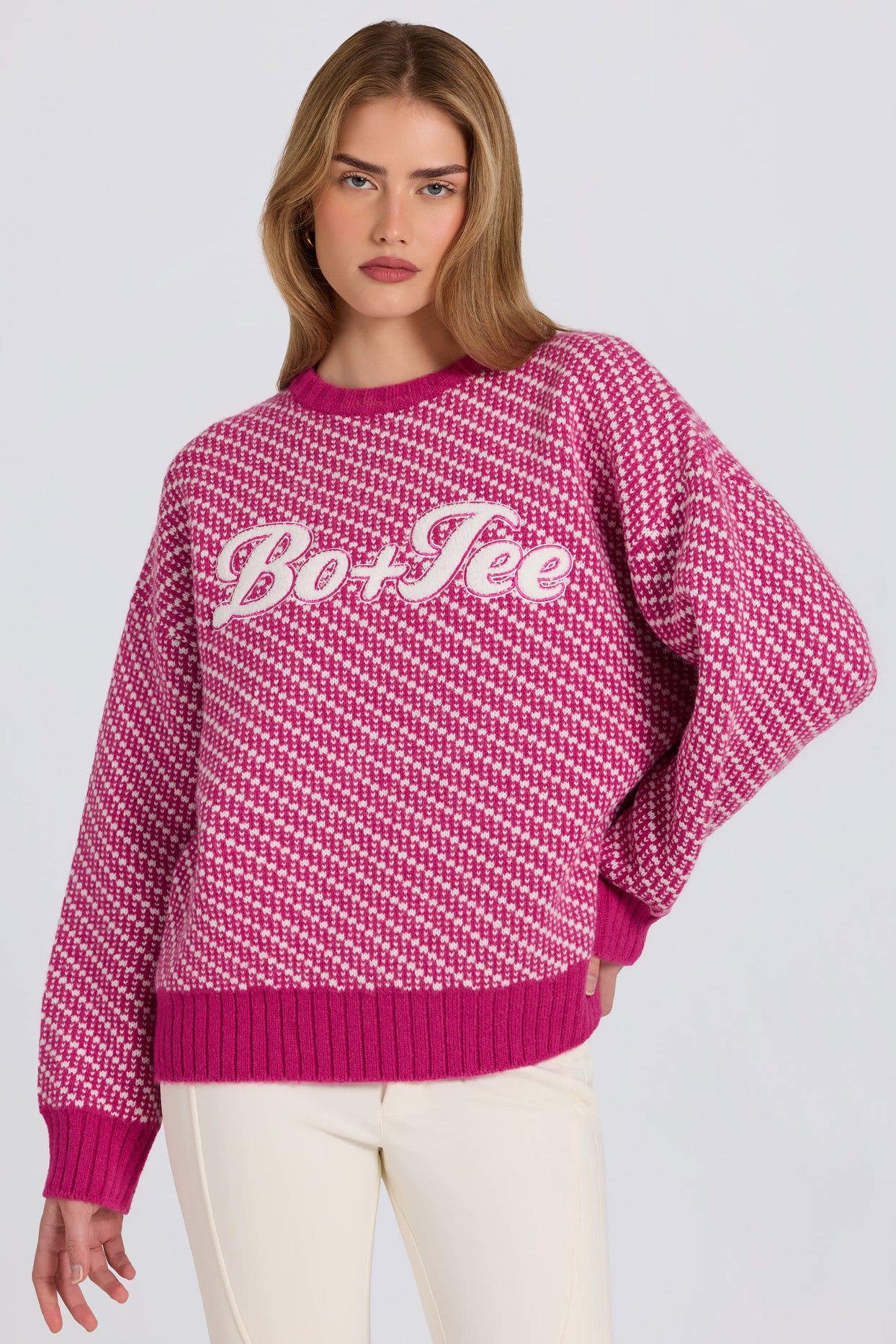 Knit Logo Oversized Jumper in Magenta Pink - 6