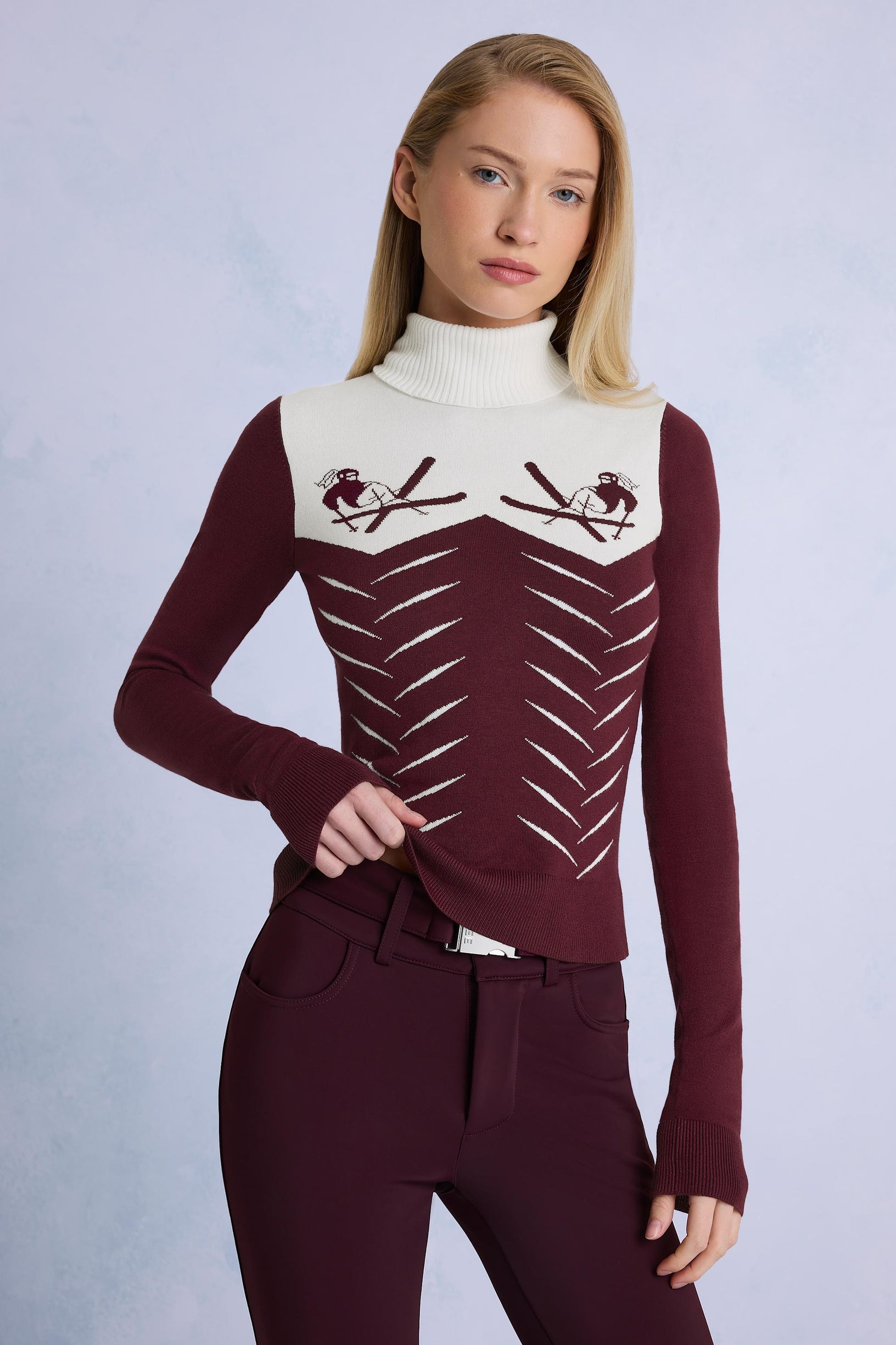 Knit Long-Sleeve Fitted Top in Burgundy - 1