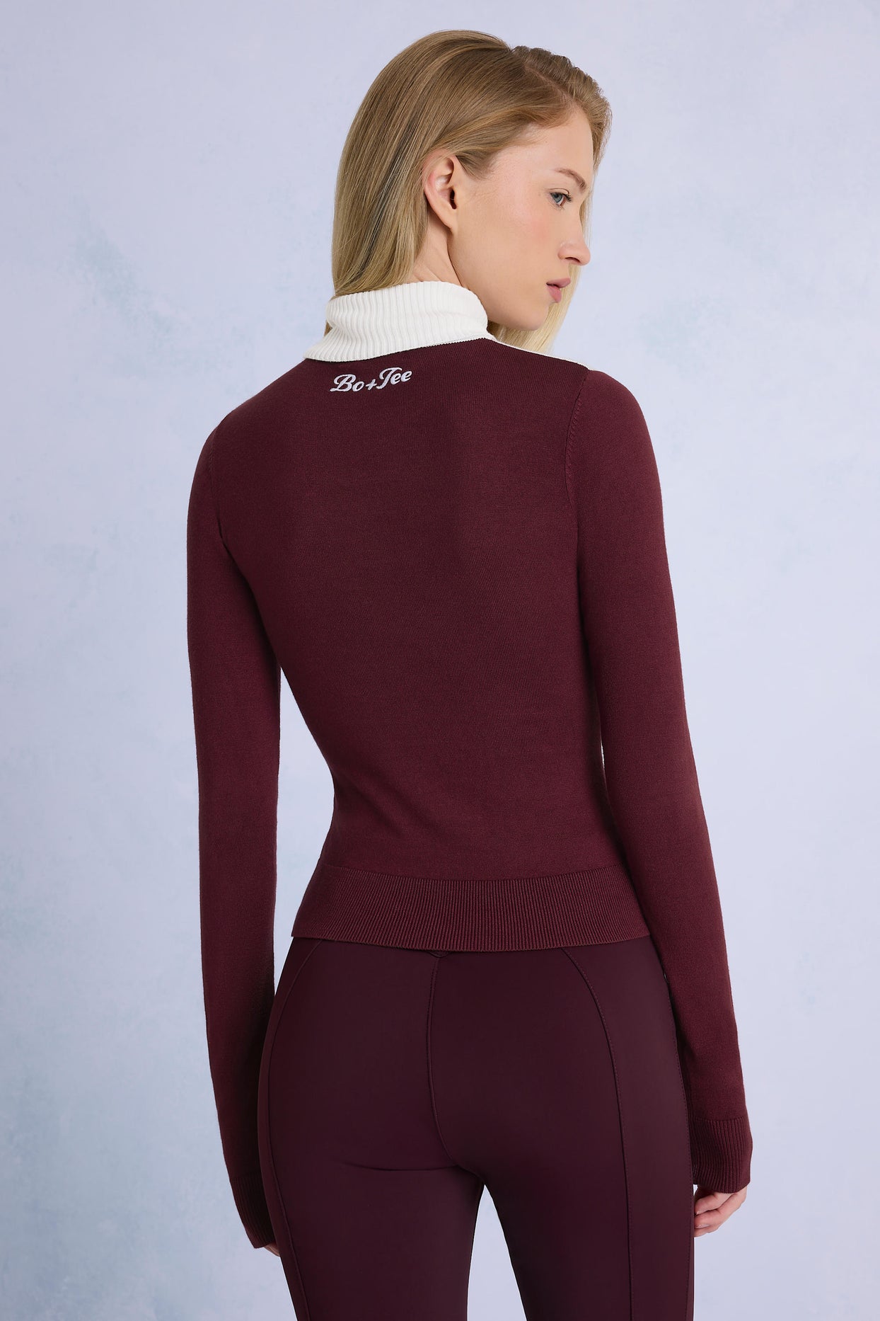Knit Long-Sleeve Fitted Top in Burgundy - 2