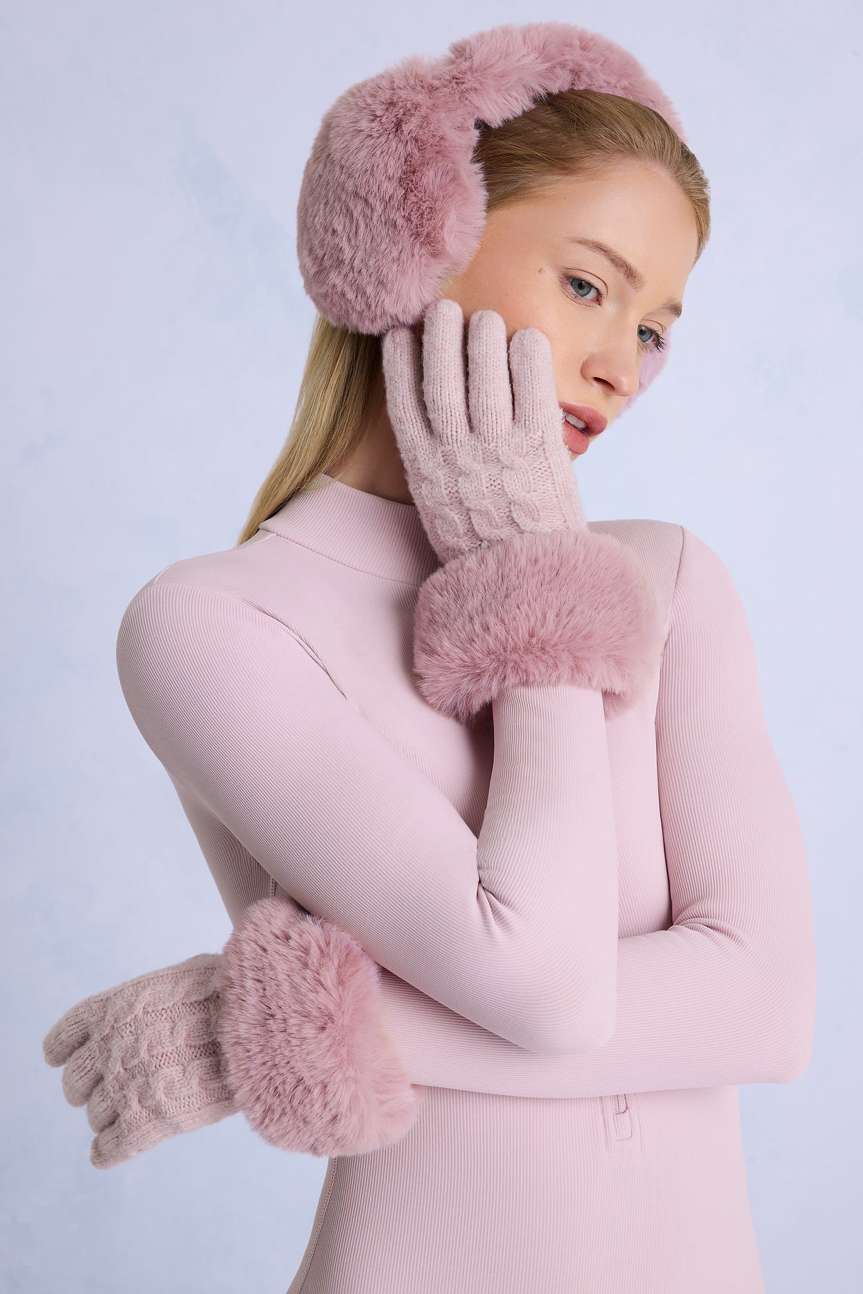 Knit Faux-Fur Cuff Gloves in Powder Pink - 4