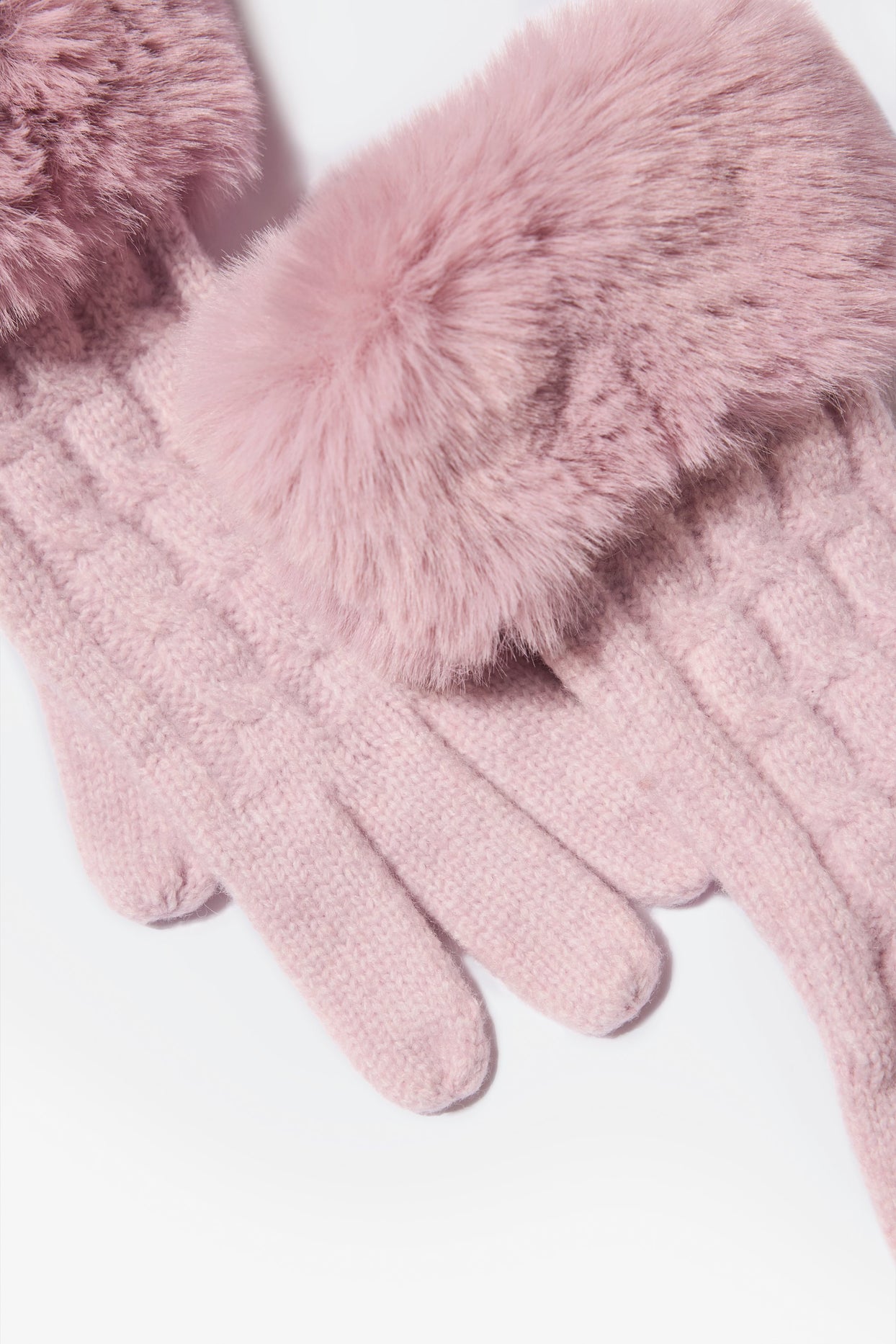 Knit Faux-Fur Cuff Gloves in Powder Pink - 3