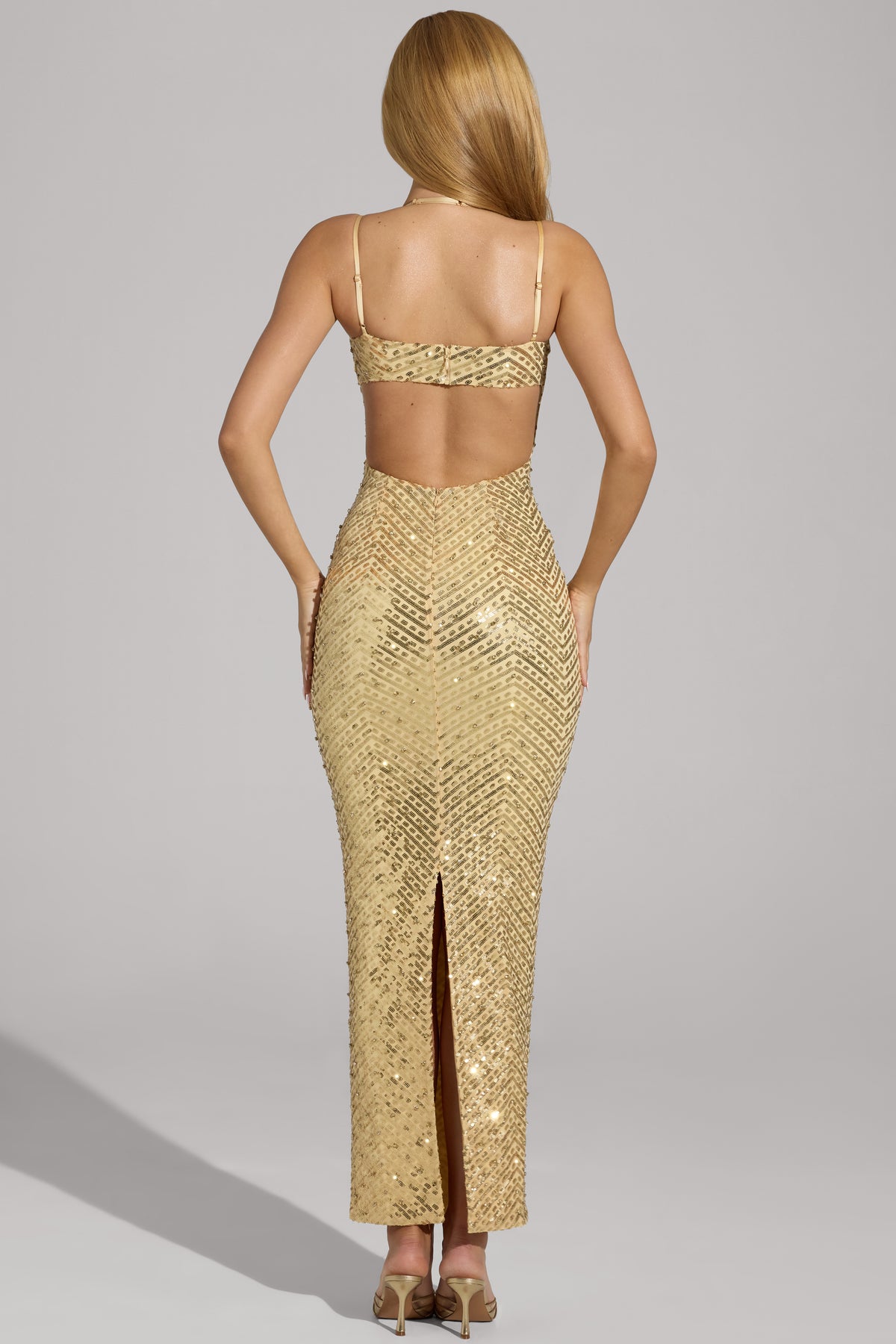 Embellished Cowl-Neck Maxi Dress in Gold