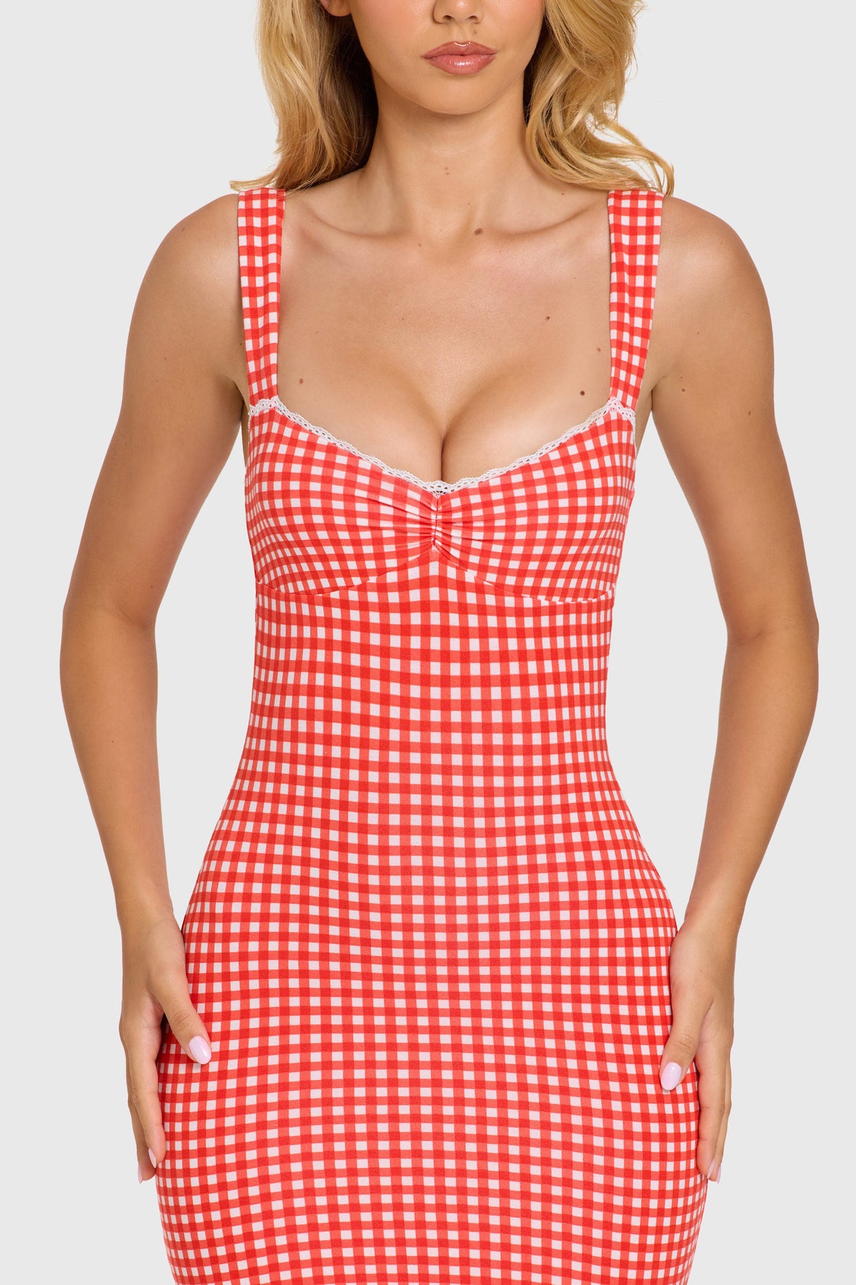 Modal Lace-Trim Midaxi Dress in Red Gingham - 5