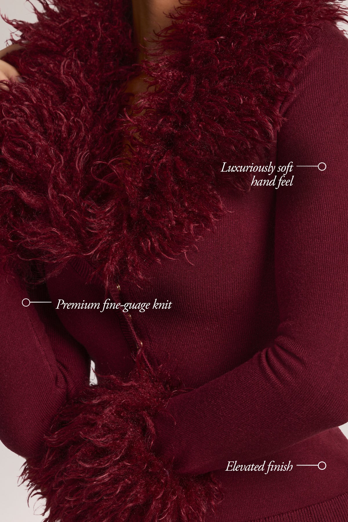 Mongolian Fur-Trim Cardigan in Wine - 1