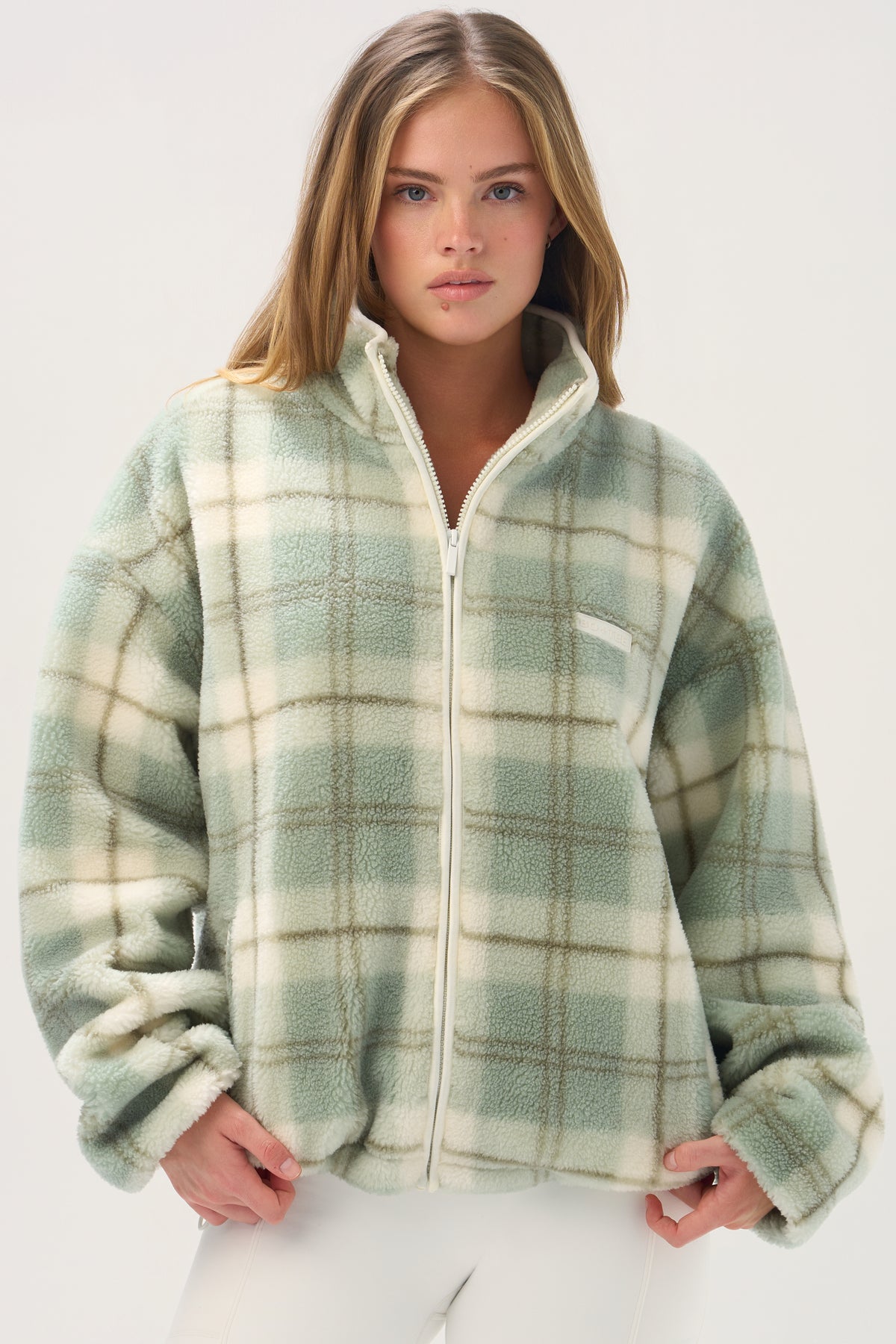 Oversized Zip-Up Fleece in Matcha Plaid
