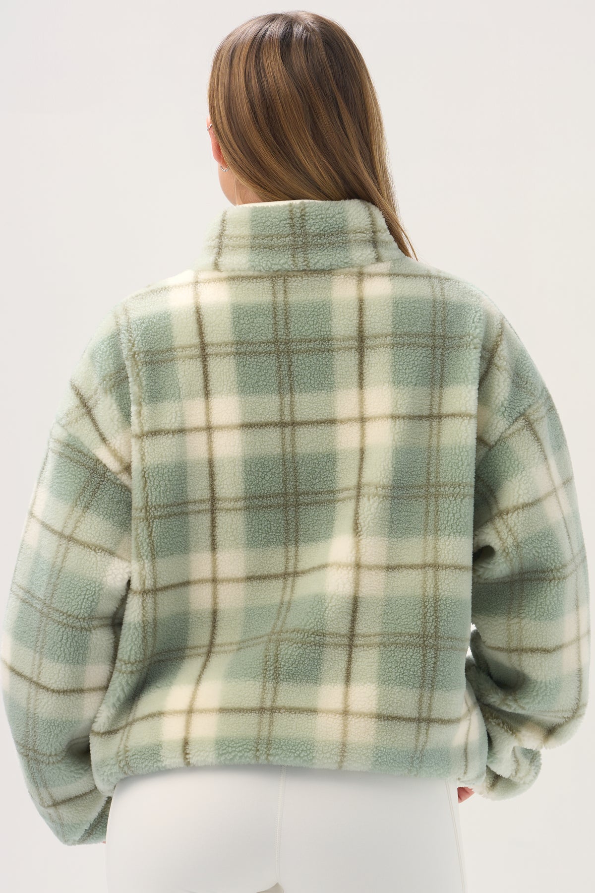 Oversized Zip-Up Fleece in Matcha Plaid
