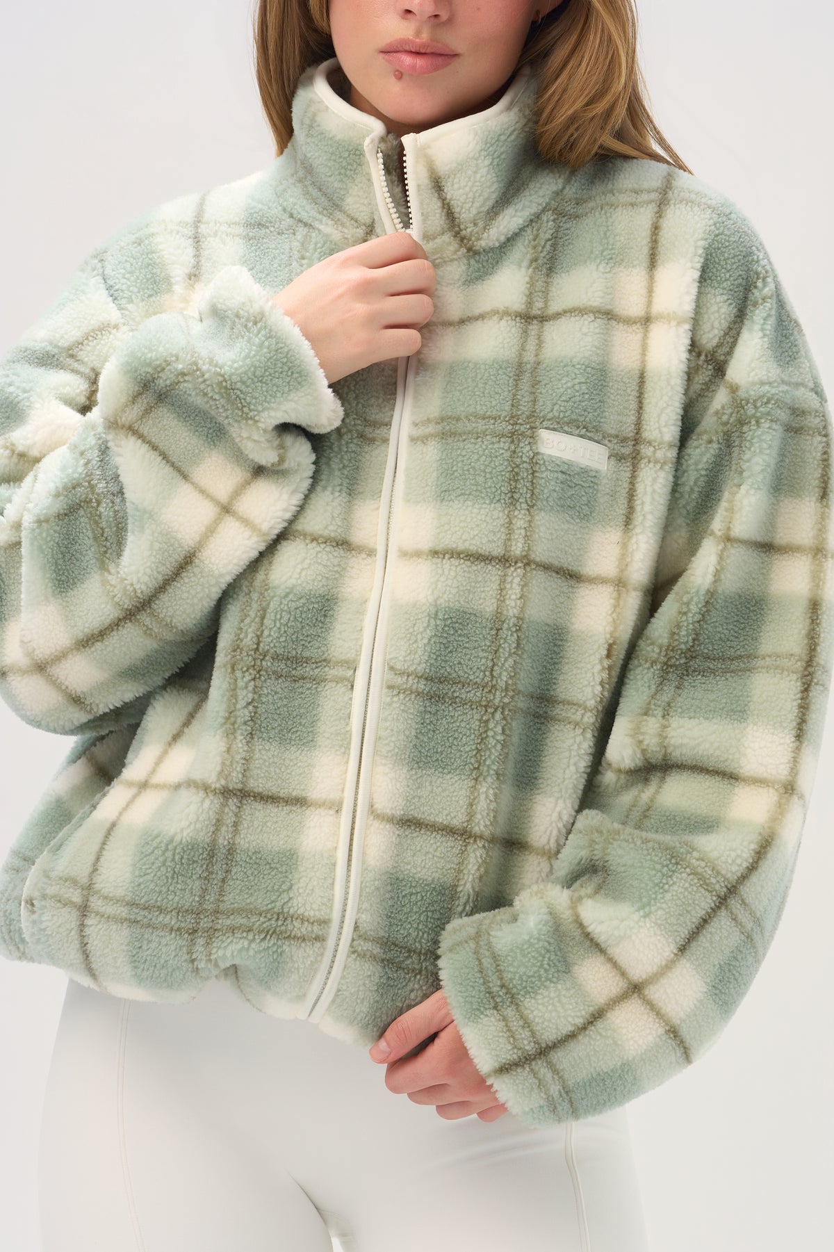 Oversized Zip-Up Fleece in Matcha Plaid