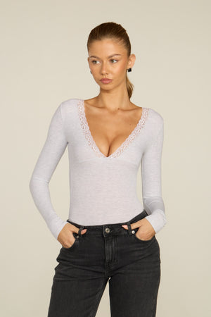 Modal Long-Sleeve Plunge Bodysuit in Grey