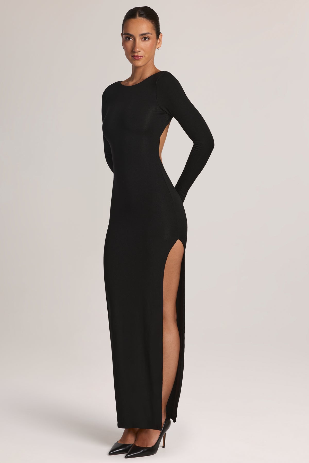 Modal Long-Sleeve Backless Maxi Dress in Black