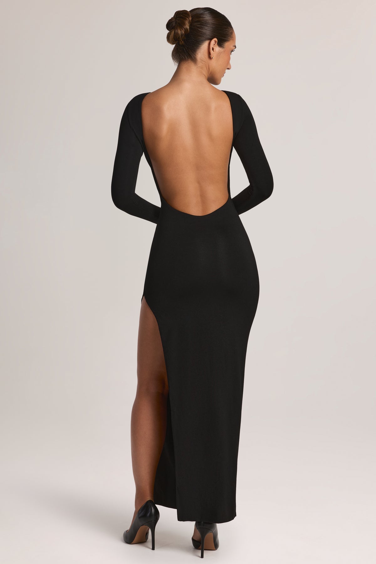 Modal Long-Sleeve Backless Maxi Dress in Black
