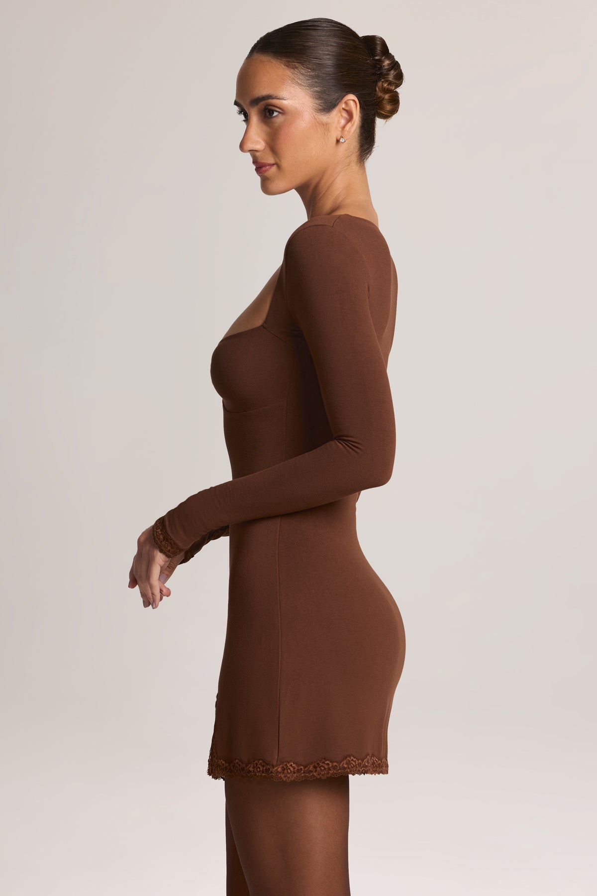 Modal Lace-Trim Long-Sleeve Mini Dress in Cocoa Brown