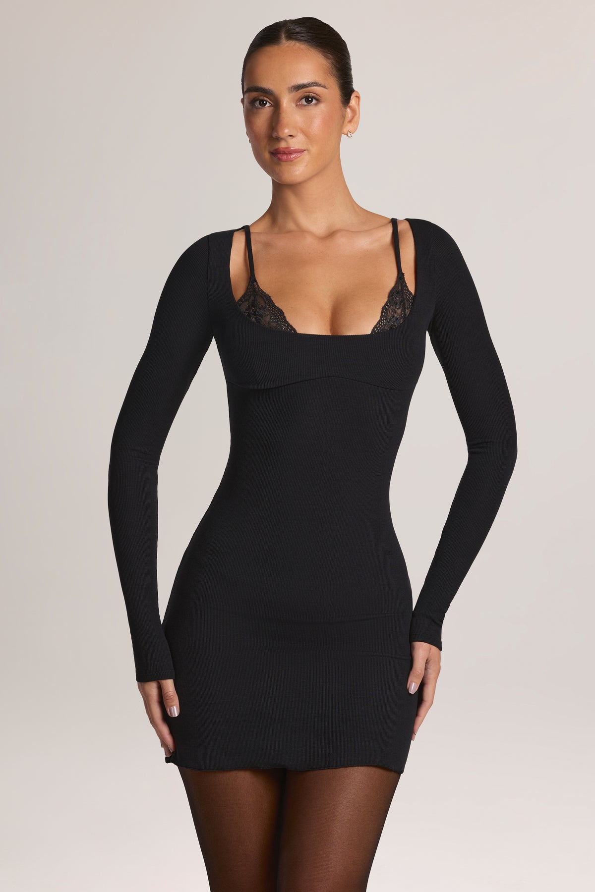 Modal Long-Sleeve Peekabo Lace Mini Dress in Black - 1