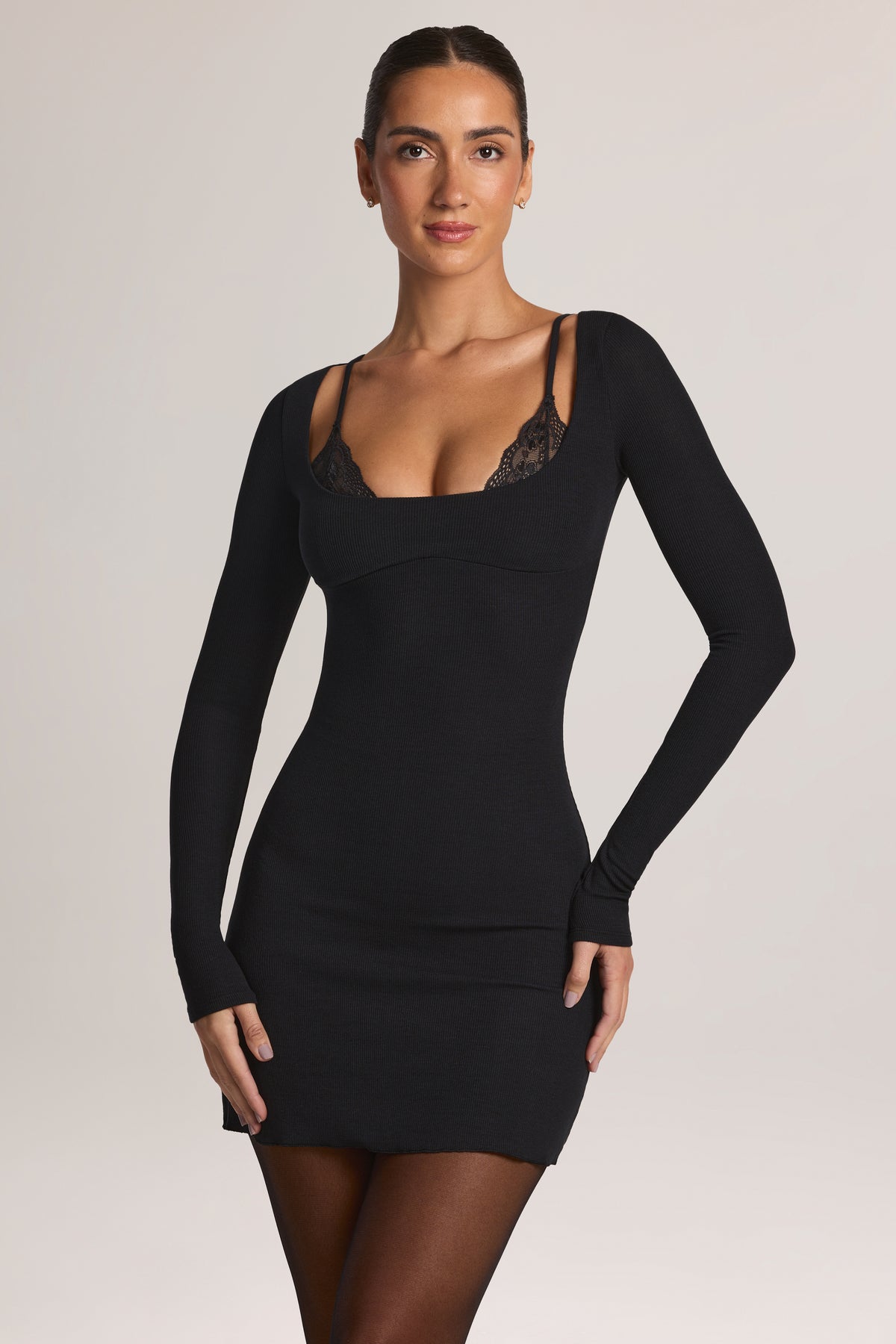 Modal Long-Sleeve Peekabo Lace Mini Dress in Black