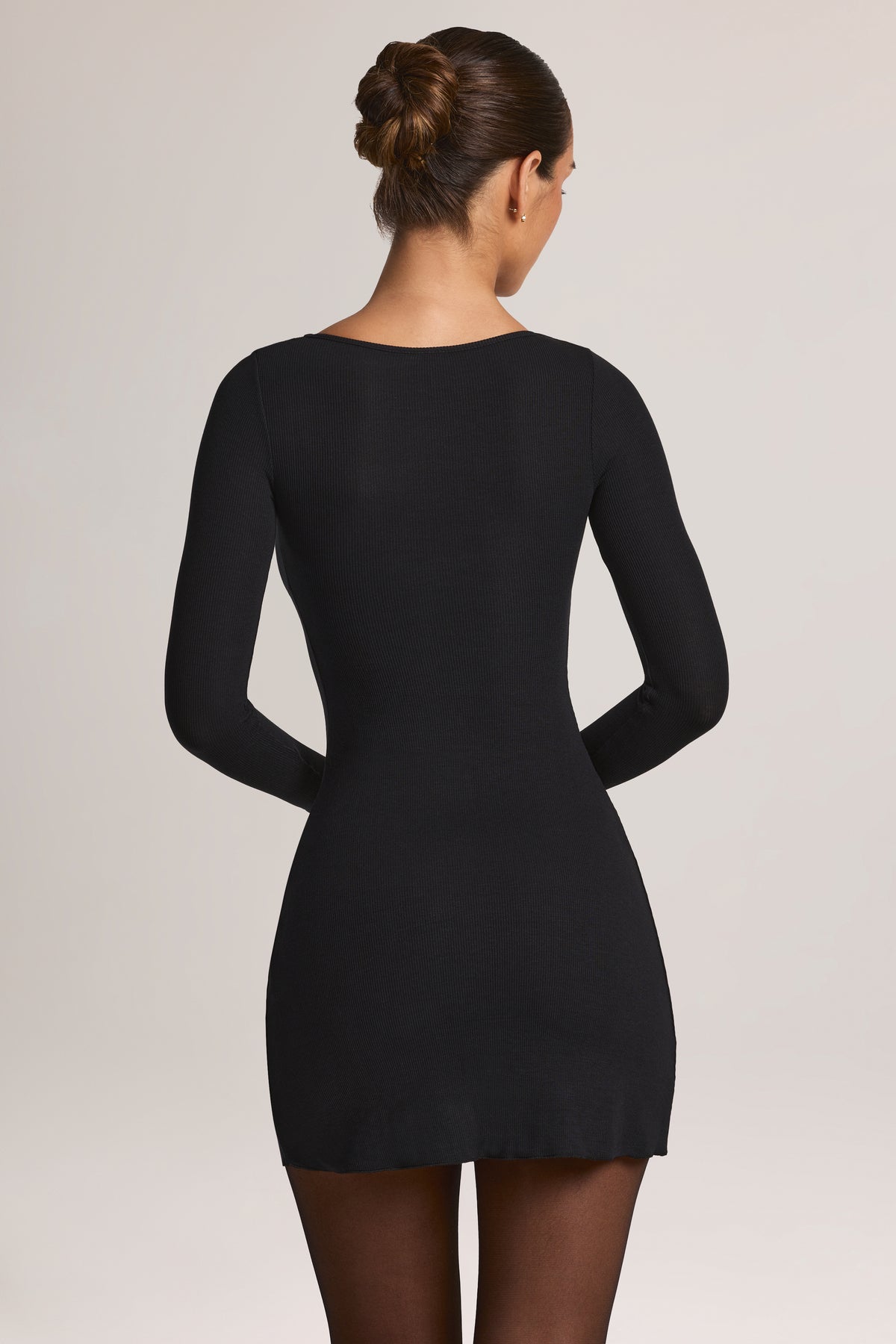 Modal Long-Sleeve Peekabo Lace Mini Dress in Black