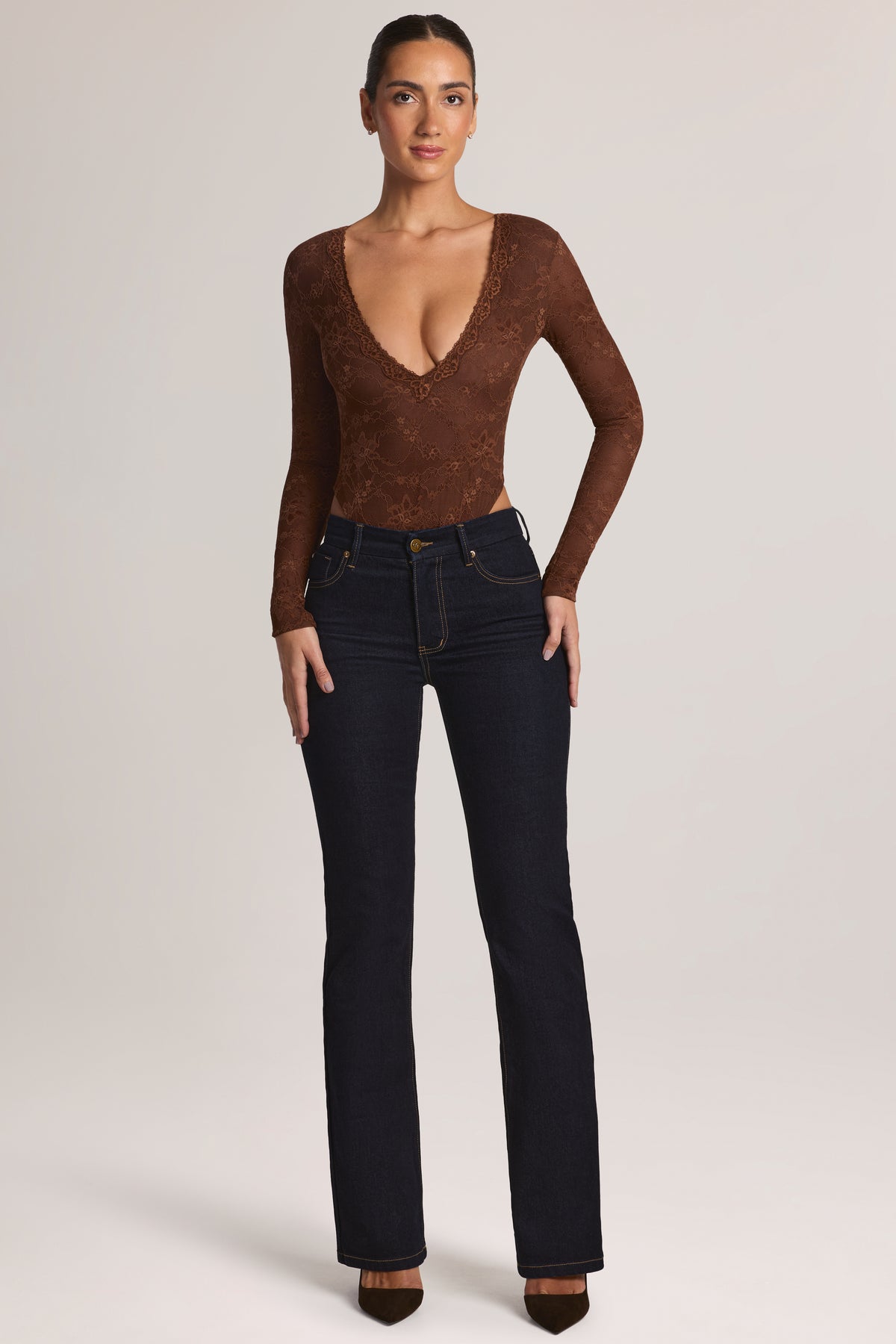 Lace Long-Sleeve Bodysuit in Cocoa Brown