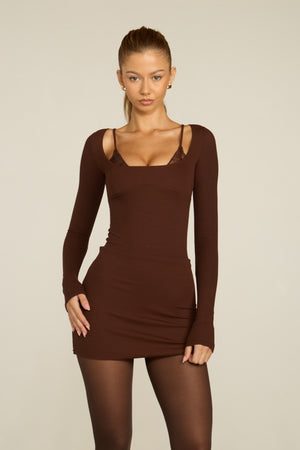 Modal Long-Sleeve Laced Bra in Chocolate Brown