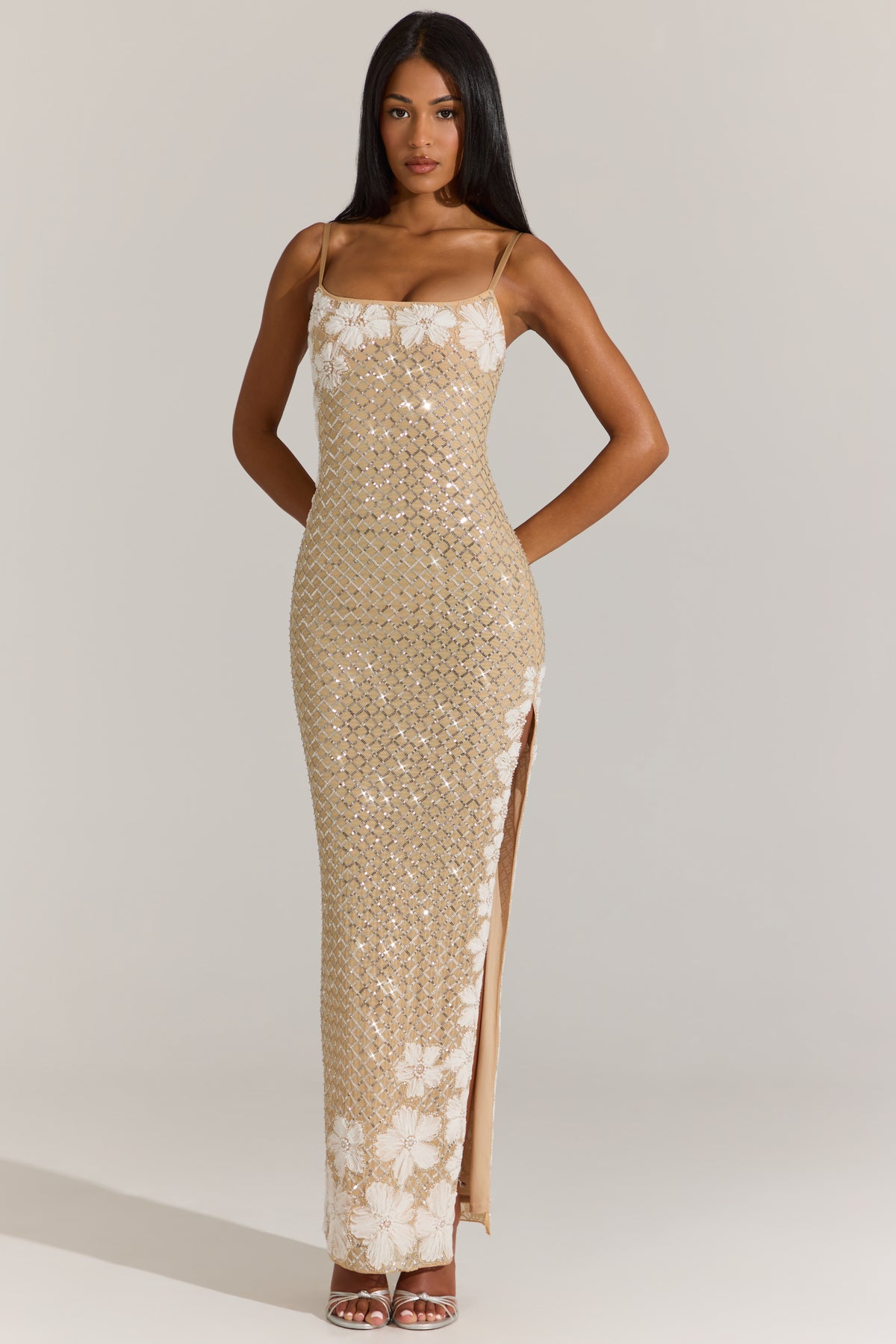 Embellished Square-Neck Maxi Dress in Gold