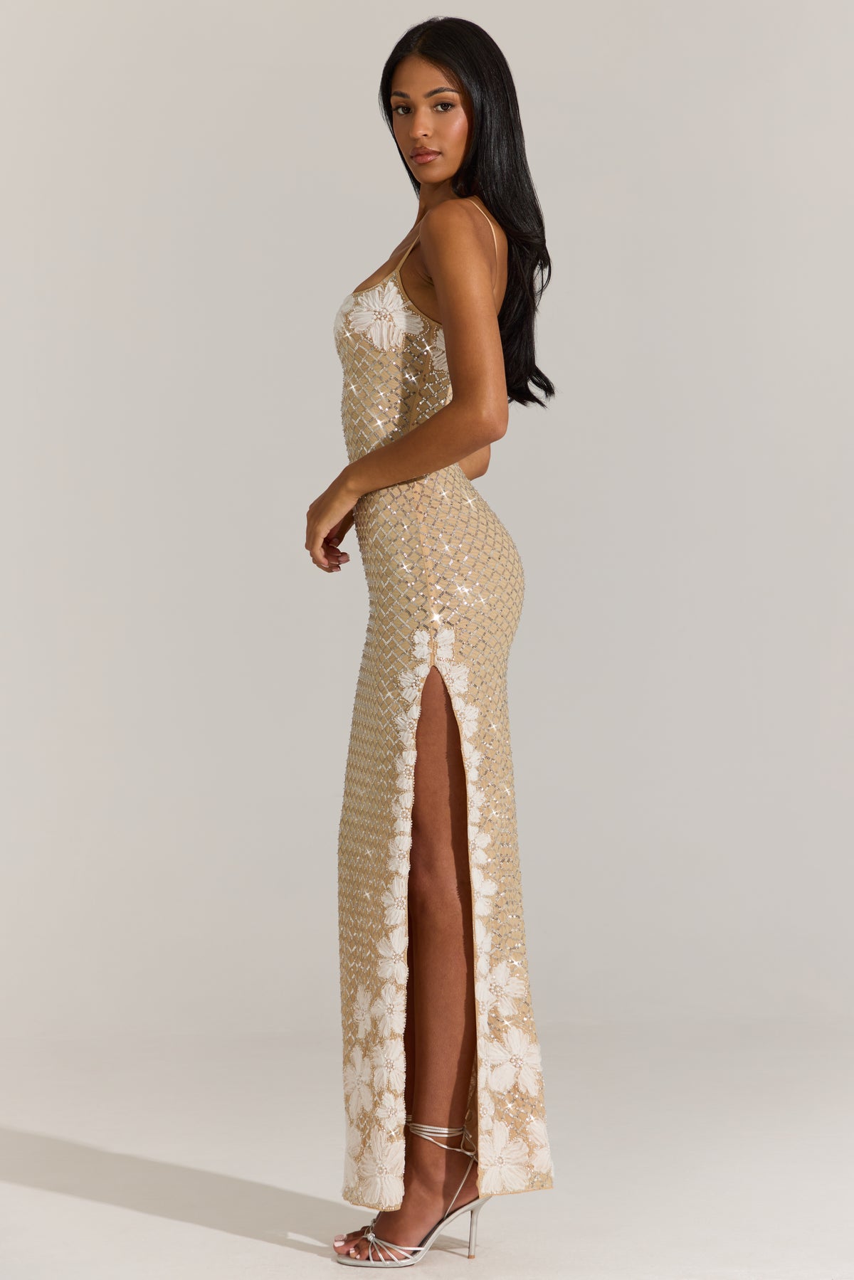Embellished Square-Neck Maxi Dress in Gold