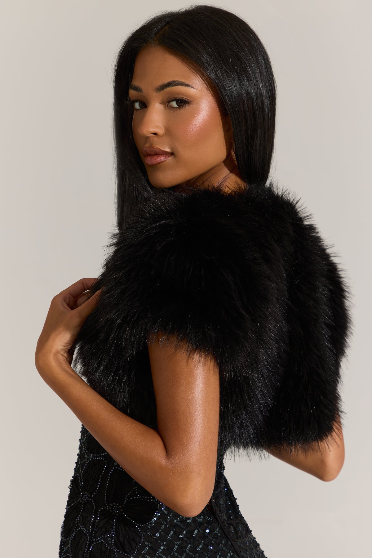 Faux-Fur Short Sleeve Bolero in Black - 2