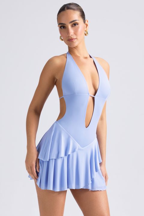 Ruffled Cut-Out Halterneck Mini Dress in Periwinkle Blue - 1