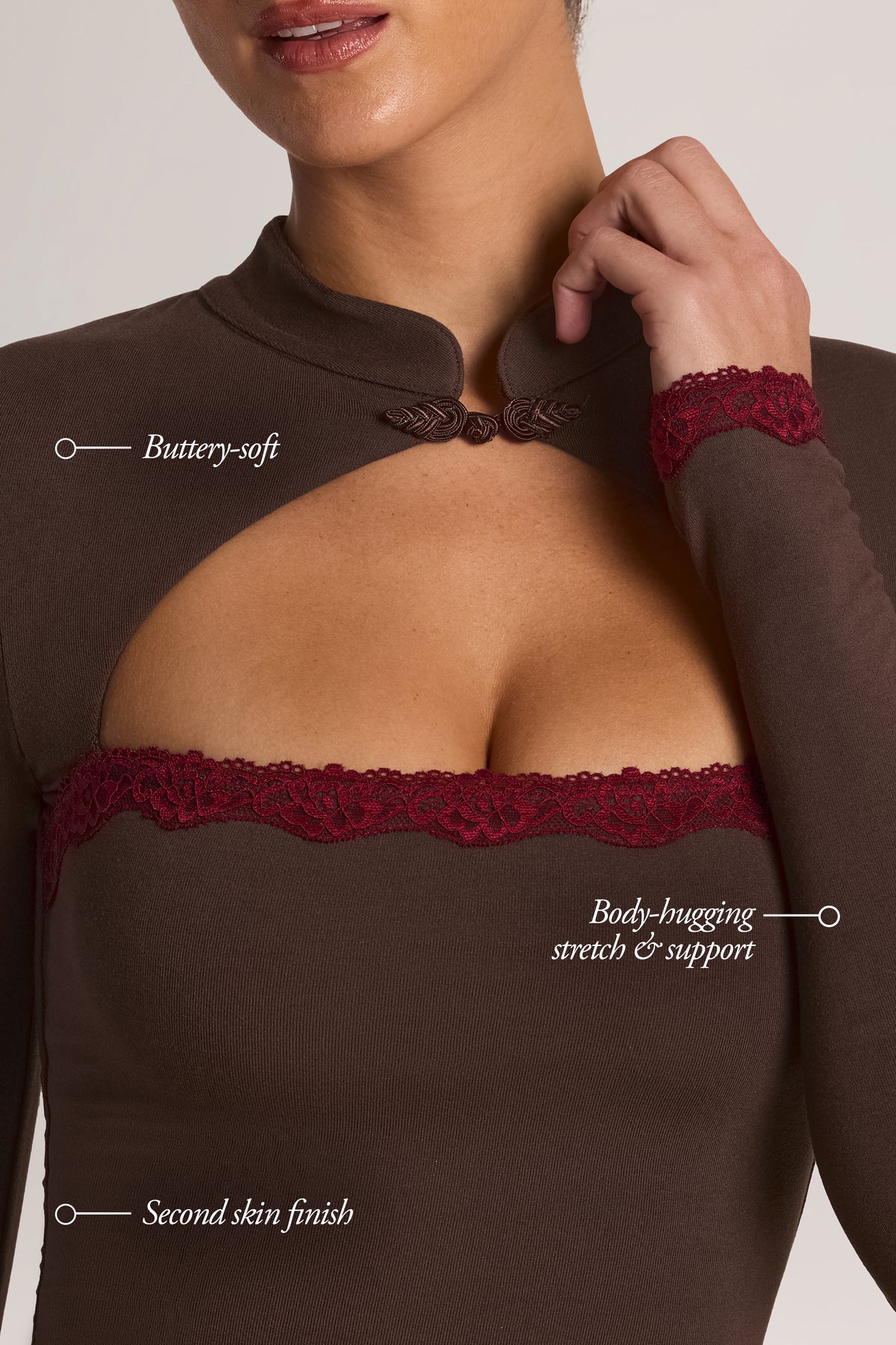 Modal Lace-Trim Long-Sleeve Top in Chocolate Brown - 1