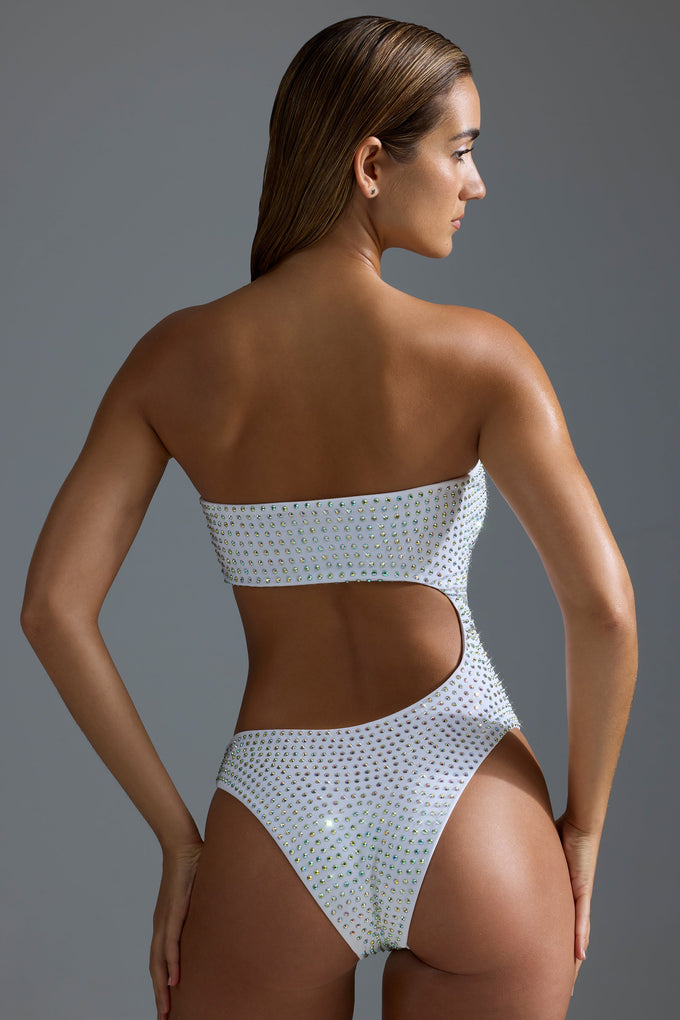 Embellished Cut-Out Cheeky One-Piece Swimsuit in White