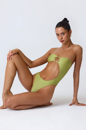 Bead-Embellished Cut-Out Bandeau Swimsuit in Pear Green