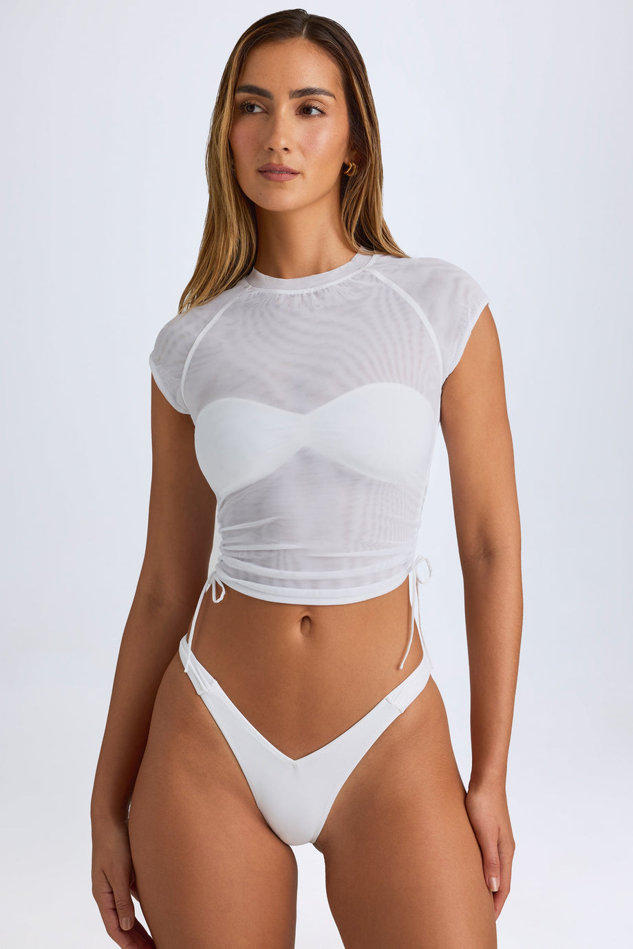 Sheer Ruched Cropped T-Shirt in White