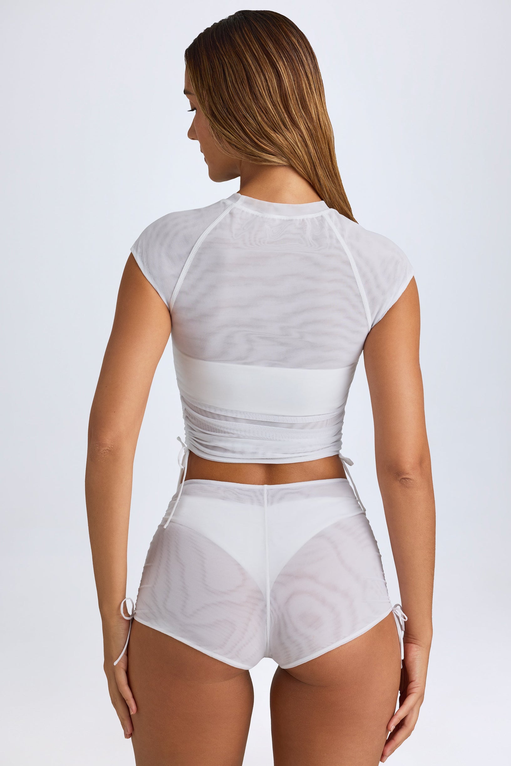 Sheer Ruched Mini Shorts in White - 2