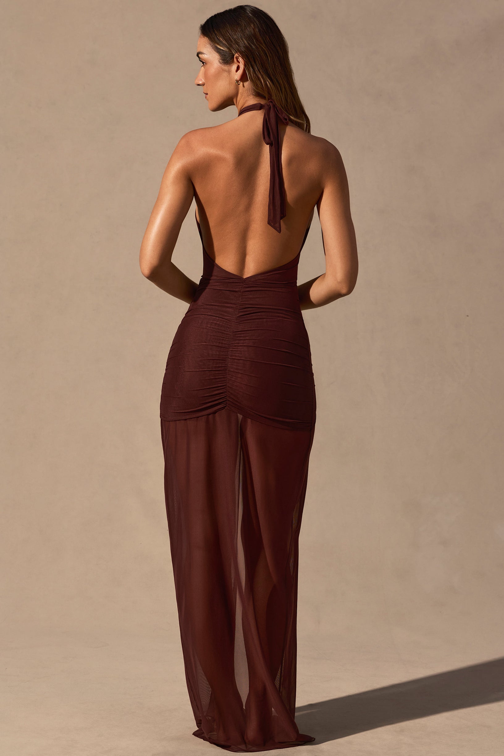 Cut-Out Halterneck Maxi Dress in Espresso Brown - 2