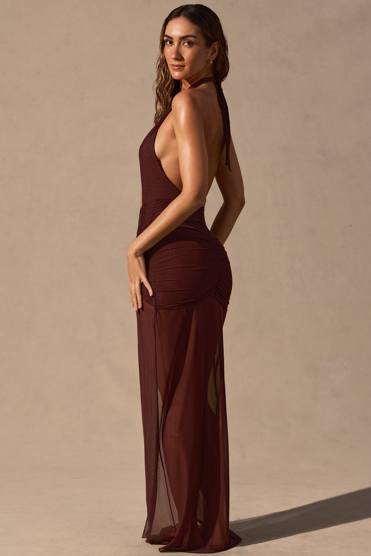 Cut-Out Halterneck Maxi Dress in Espresso Brown - 5