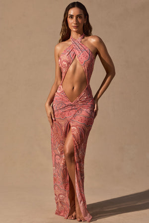 Cut-Out Halterneck Maxi Dress in Paisley Print