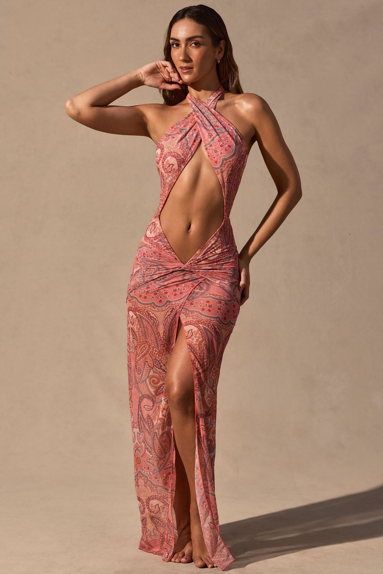 Cut-Out Halterneck Maxi Dress in Paisley Print - 6