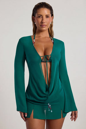 Oh Polly Swim's Sierra Skye wearing the Vista Mini Dress in Jade Green fabric perfect for resort lounging