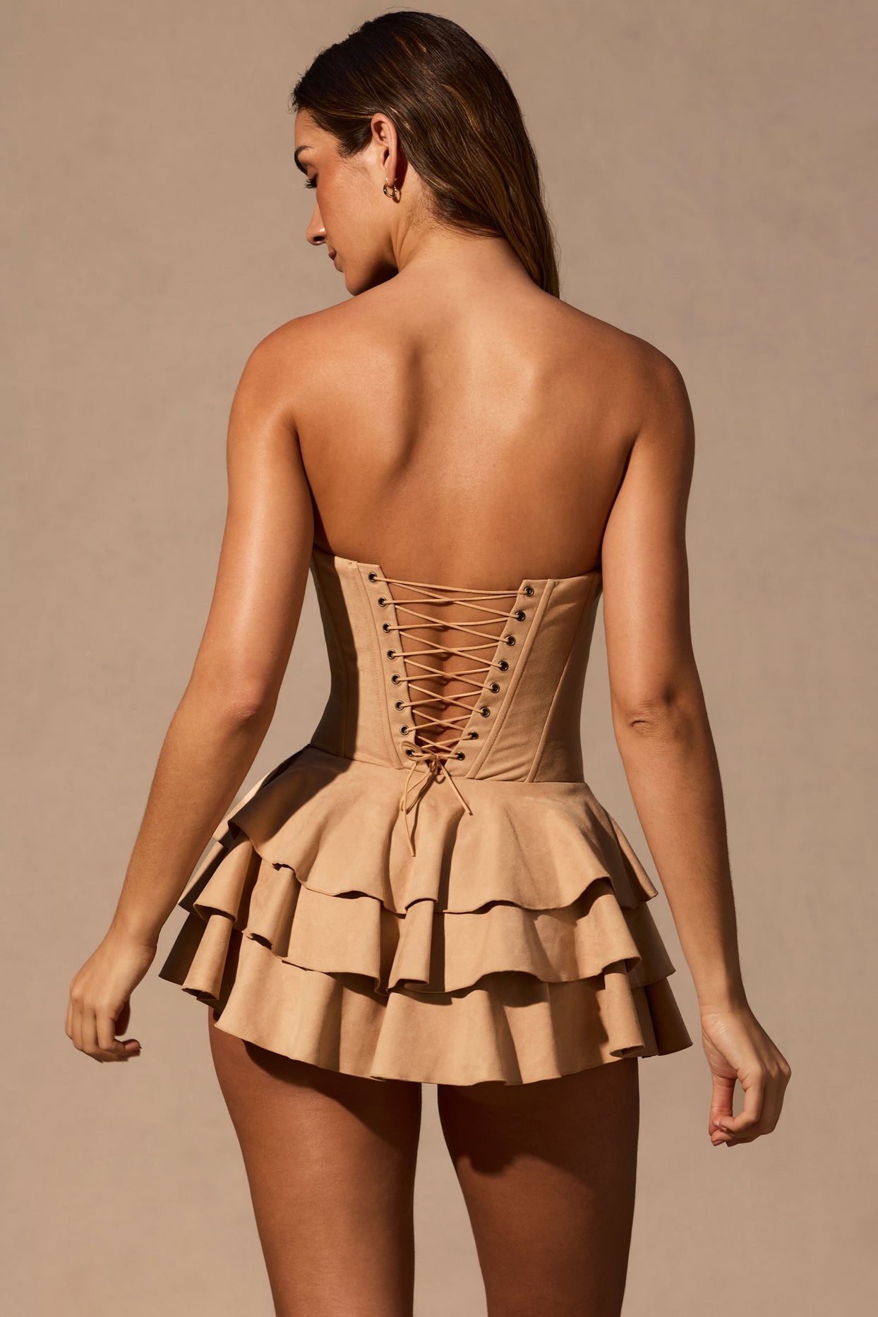 Ruffled Lace-Up Corset Playsuit in Tan - 3