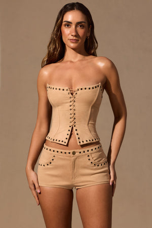 Lace-Up Corset Top  in Tan