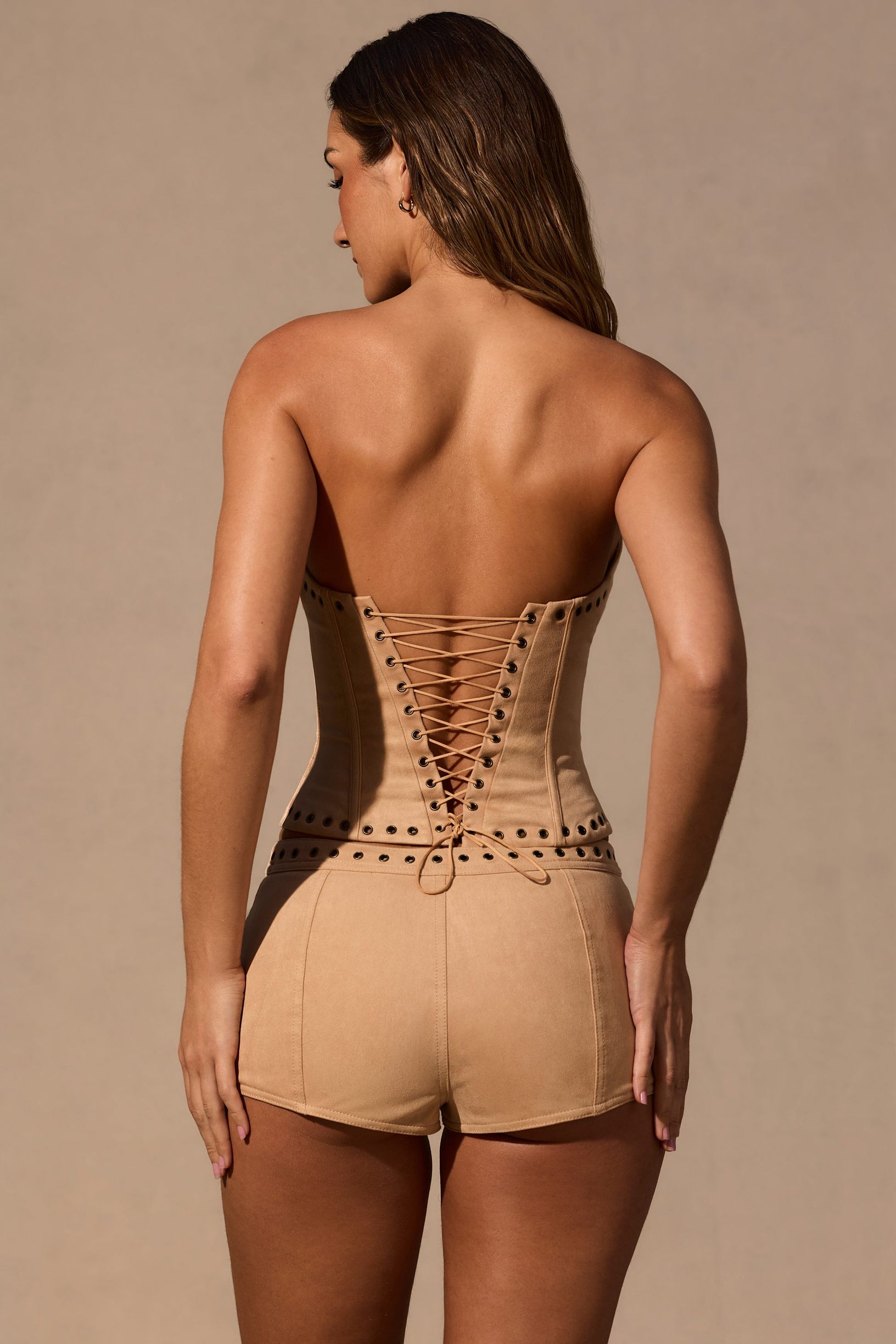 Lace-Up Corset Top  in Tan - 2
