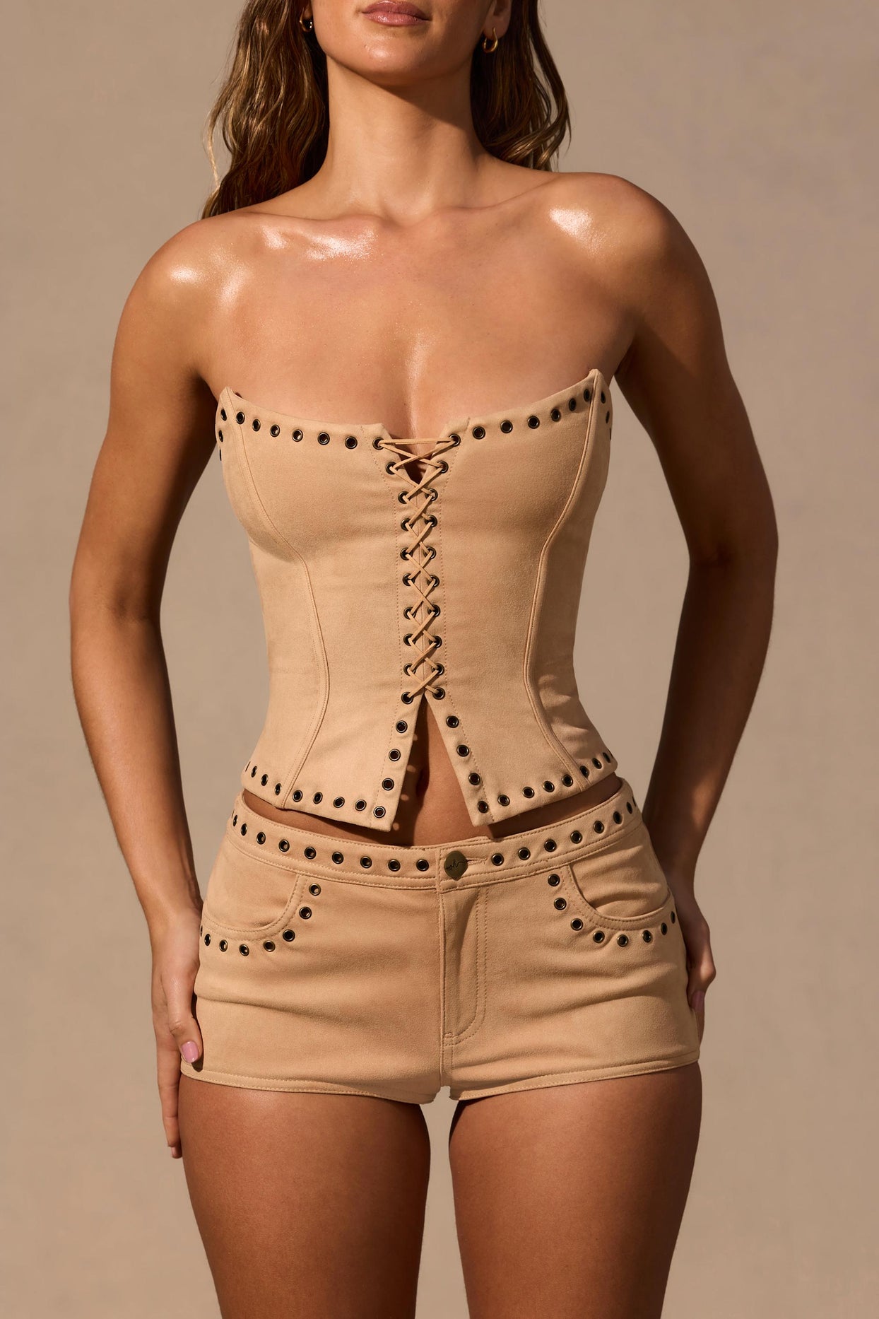 Lace-Up Corset Top  in Tan - 4