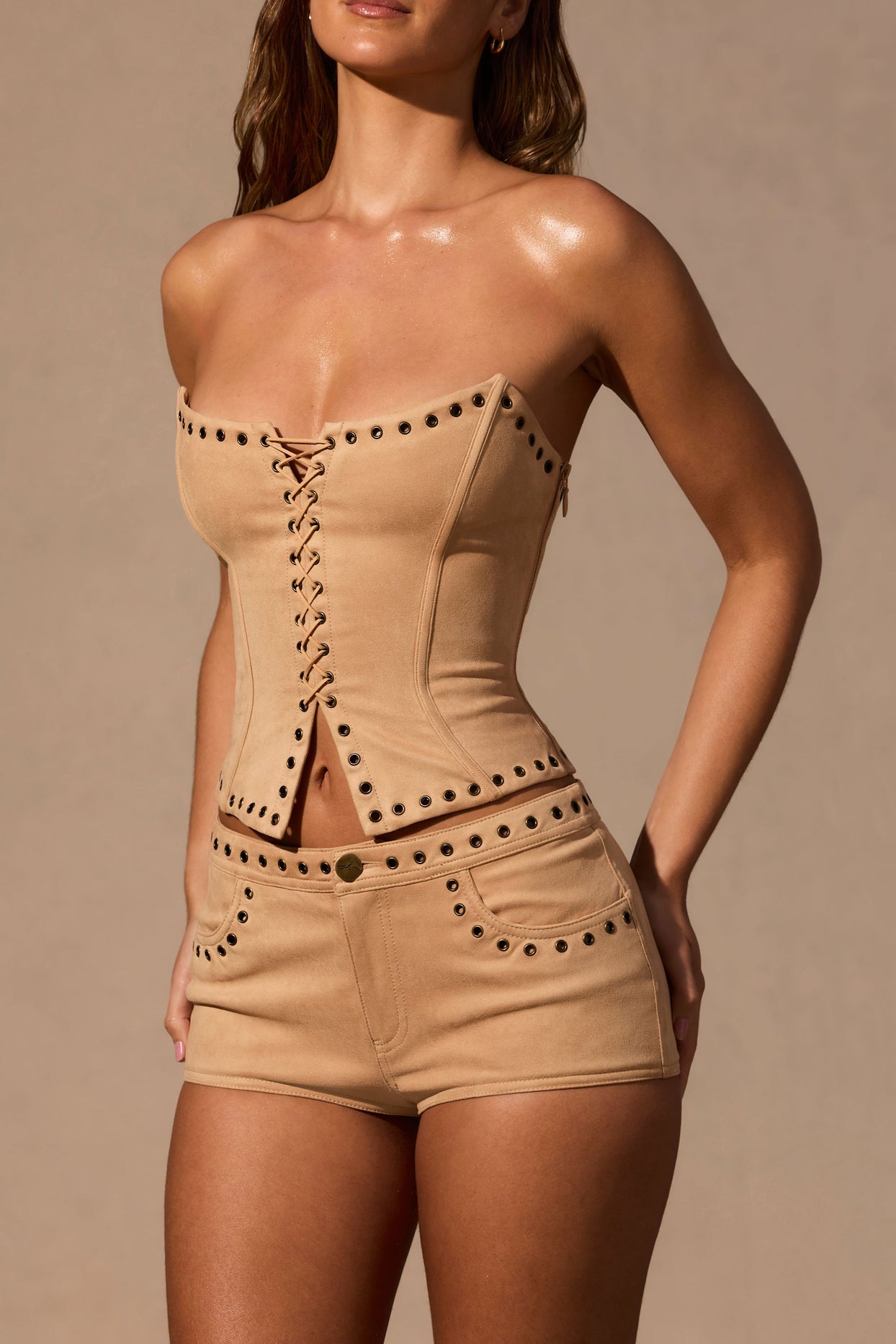 Low-Rise Mini Shorts in Tan - 4