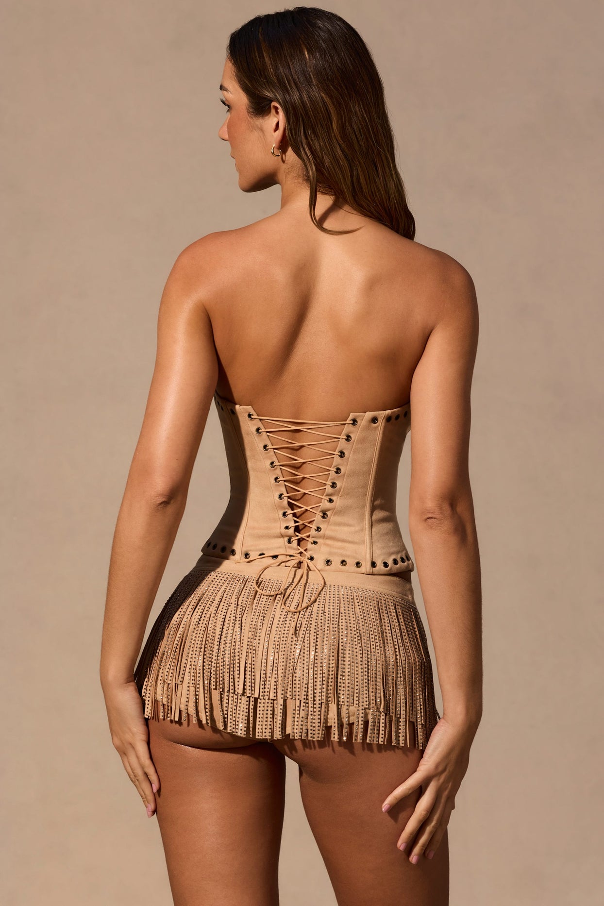 Fringed Low-Rise Mini Shorts in Tan - 4