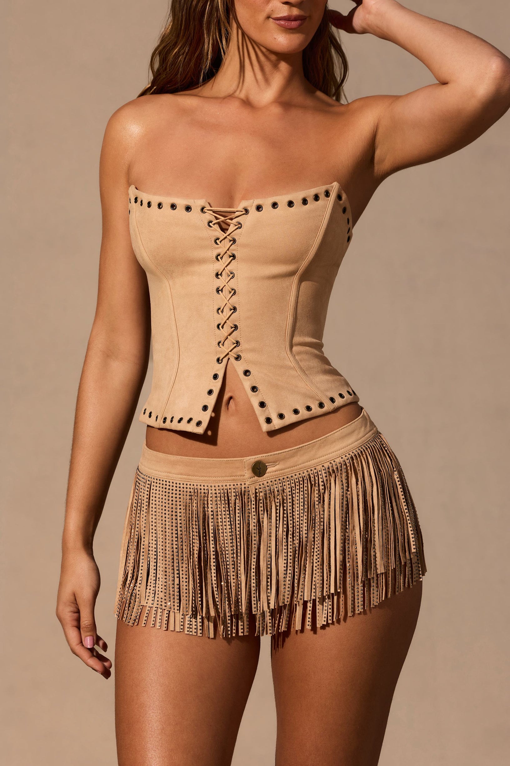 Fringed Low-Rise Mini Shorts in Tan - 2