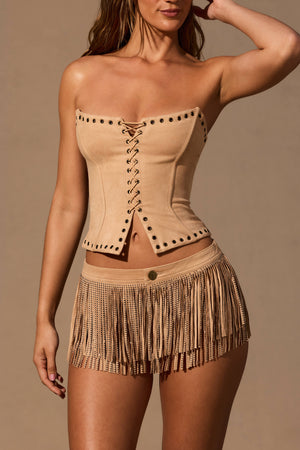 Fringed Low-Rise Mini Shorts in Tan