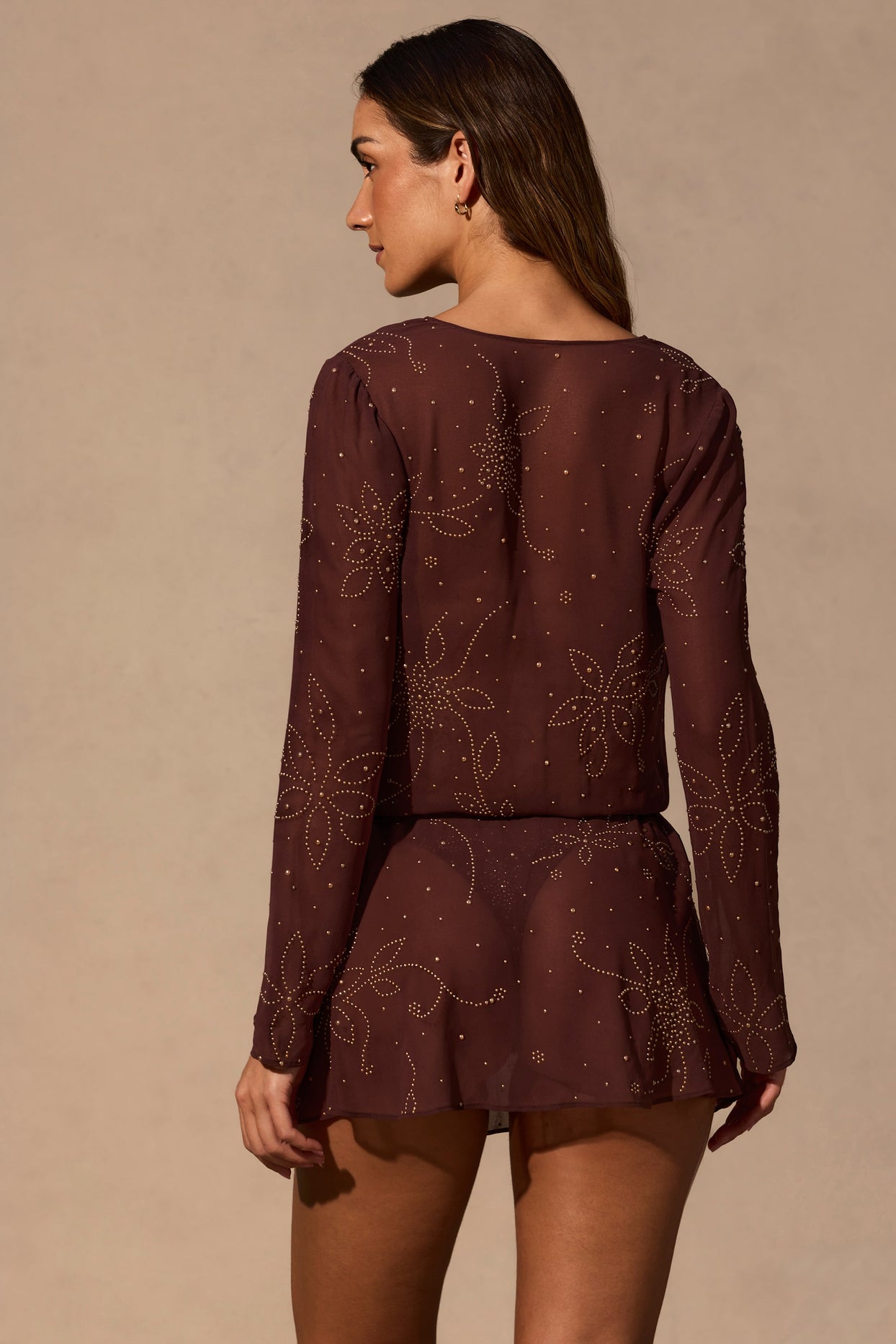 Long-Sleeve Mini Dress in Espresso Brown - 5