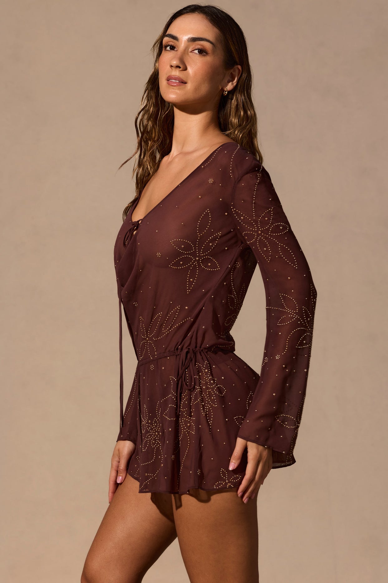 Long-Sleeve Mini Dress in Espresso Brown - 4