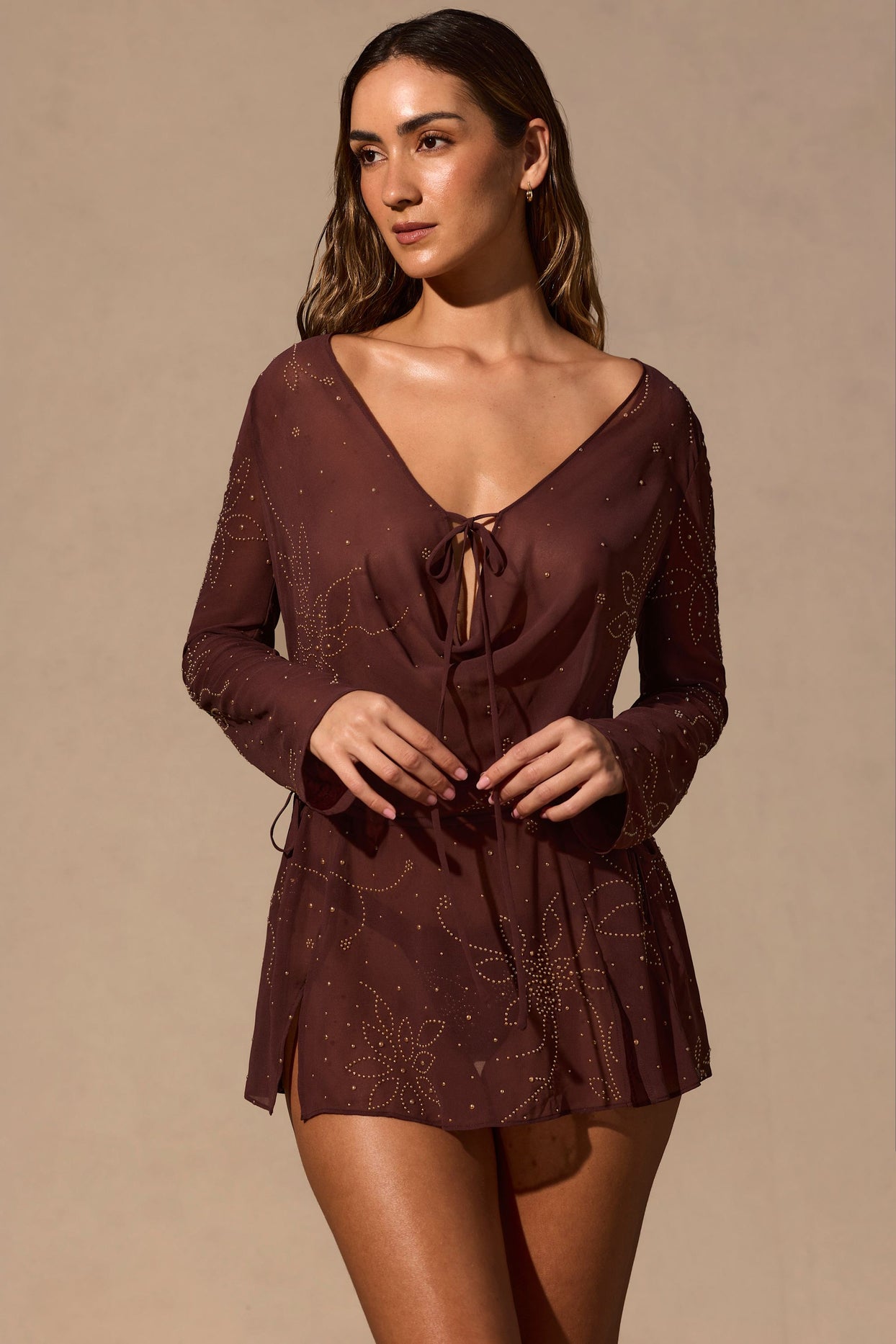 Long-Sleeve Mini Dress in Espresso Brown - 6